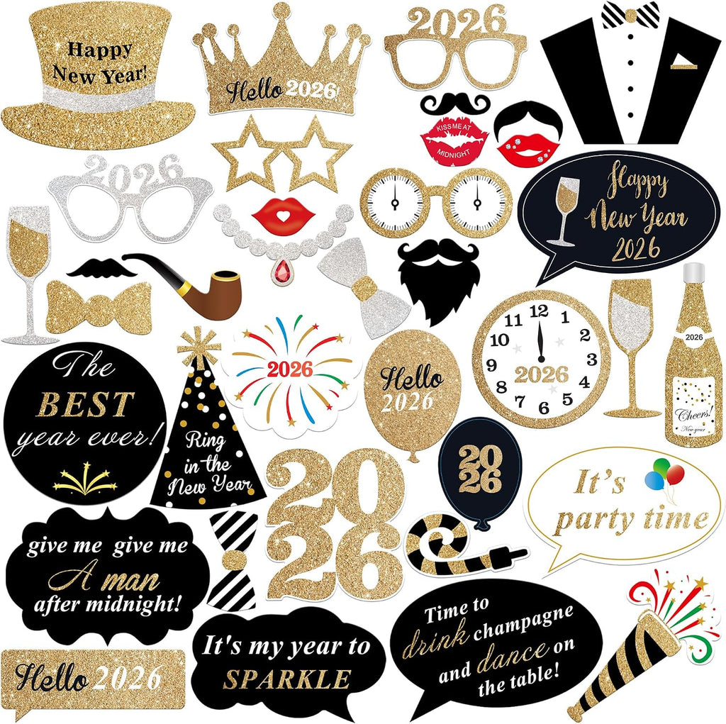 Glitter New Years Photo Booth Props, Pack of 35 | NYE Photo Booth Props for New Years Eve Party Supplies 2026, New