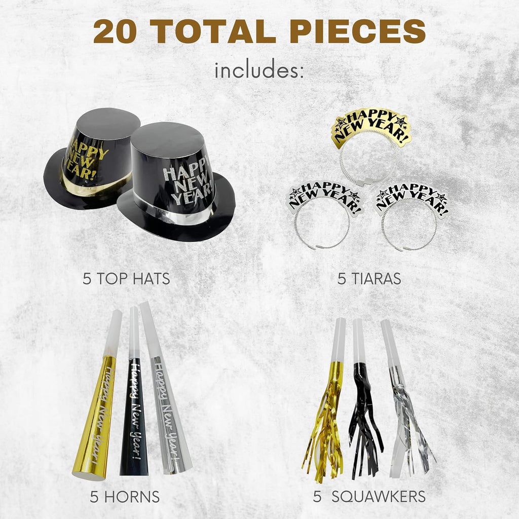 20 Pcs New Years Eve Party Supplies 2026– Includes 5 Black Gold New Years Eve Hats, 5 Tiaras, & 10 New Years Eve