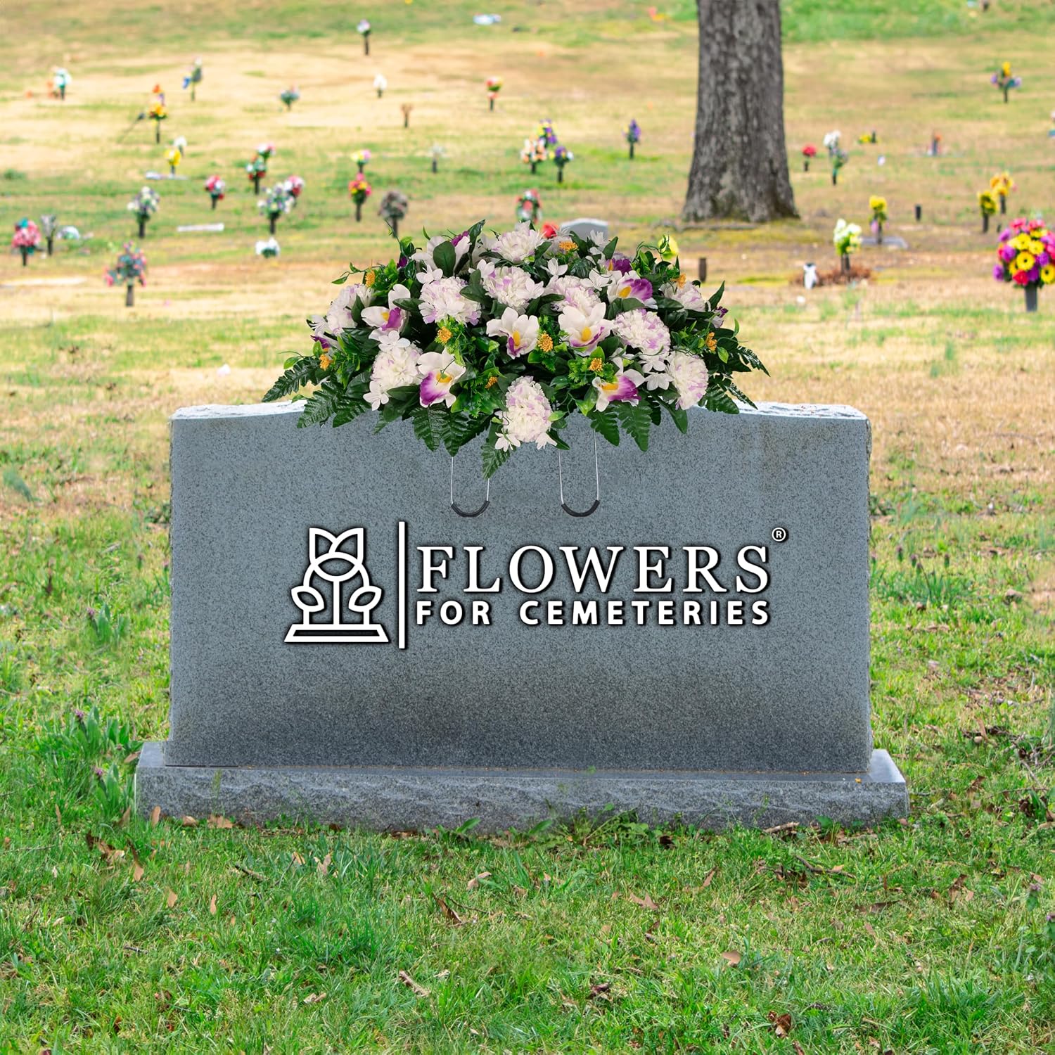 30" Headstone Flower Saddle Artificial Cemetery Flowers - Gravesite Flowers - White and Purple Carnations and