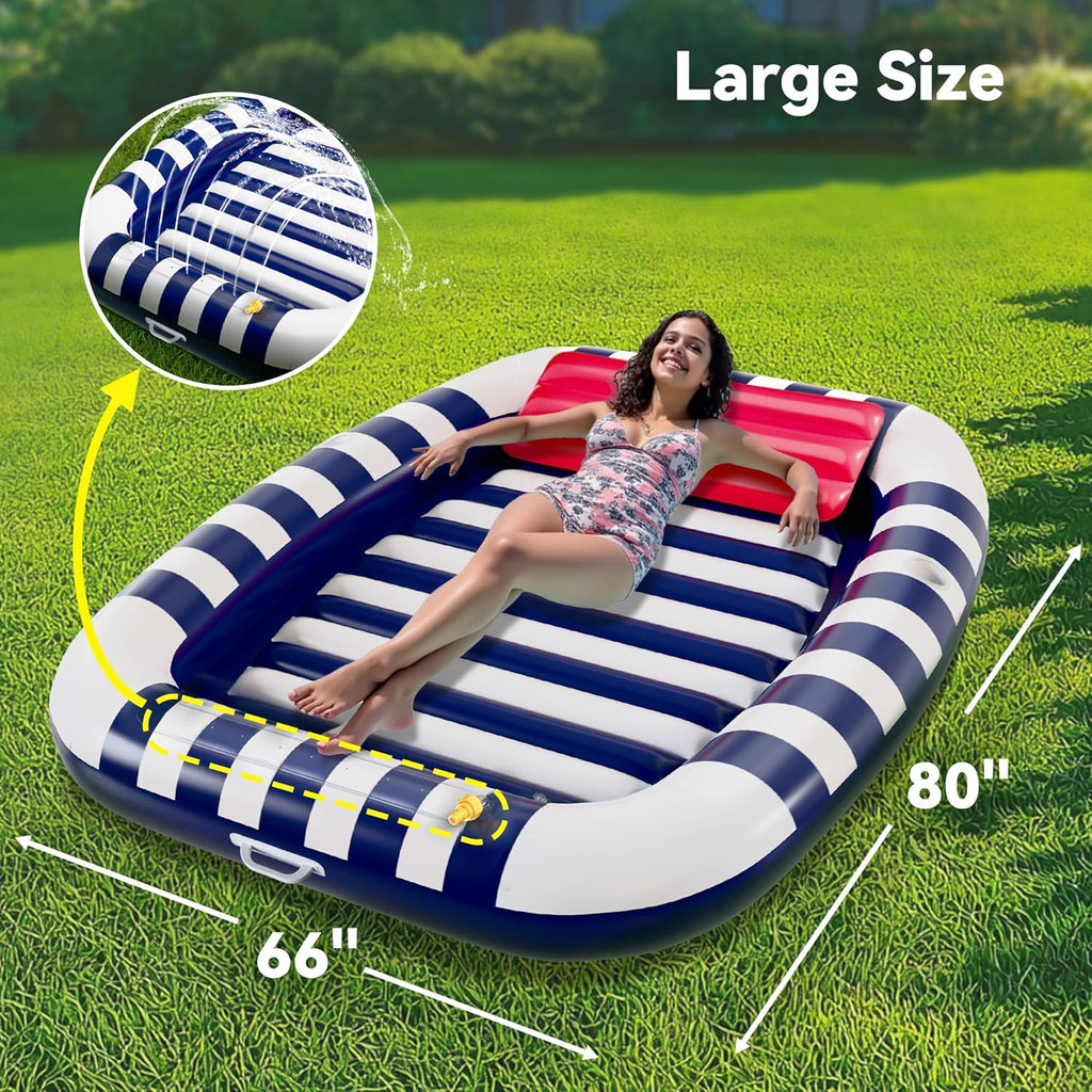 Pool Wave Inflatable Pool Lounger Floats W/Water Sprinkler, 80" x 66" Large Tanning Bed for Adult Kids, Outdoor Sun