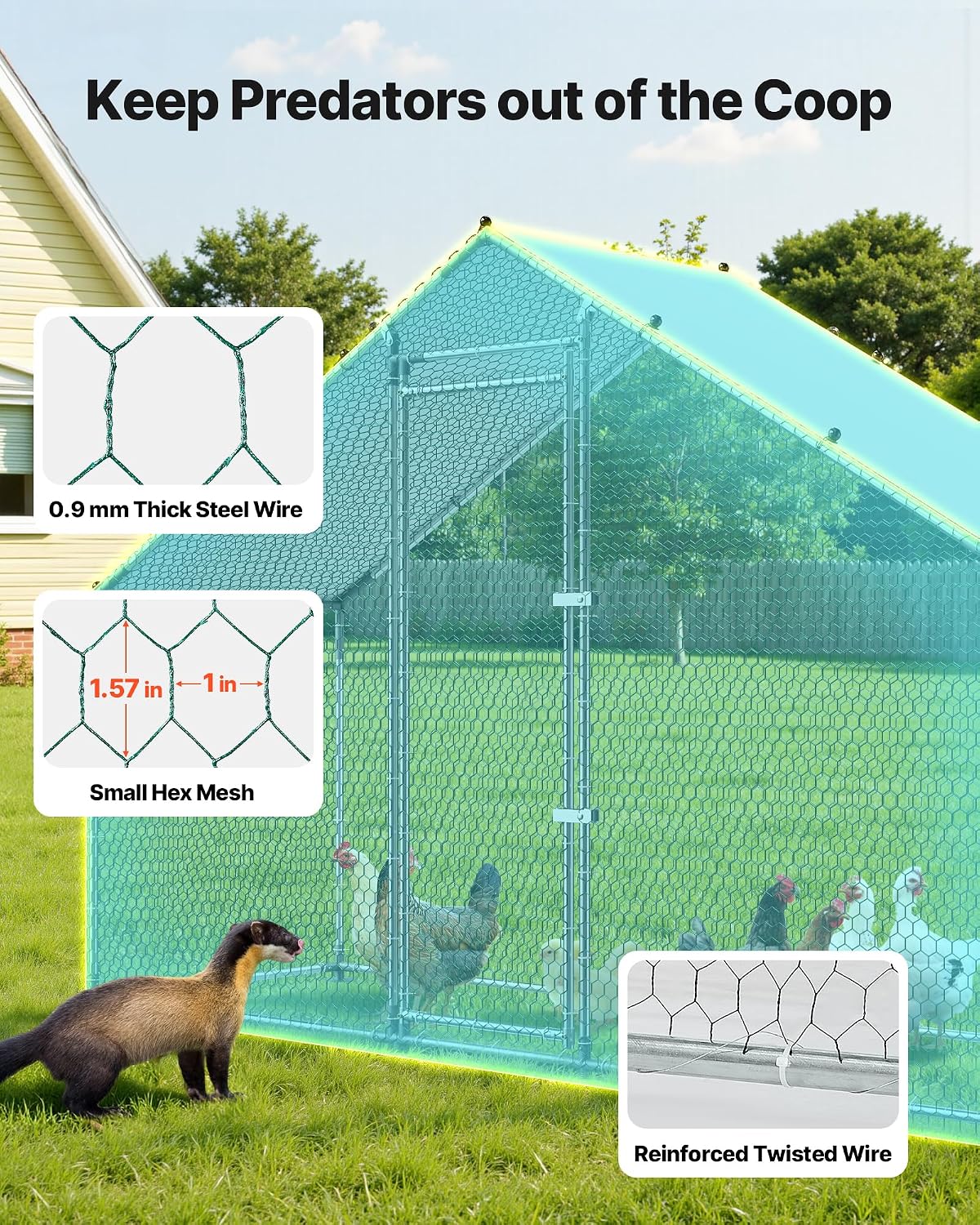 Large Metal Chicken Coop,9.8 x 3.3 x 6.6 ft, Walk-in Chicken Run House with Waterproof Cover & Sturdy Frame, Spire