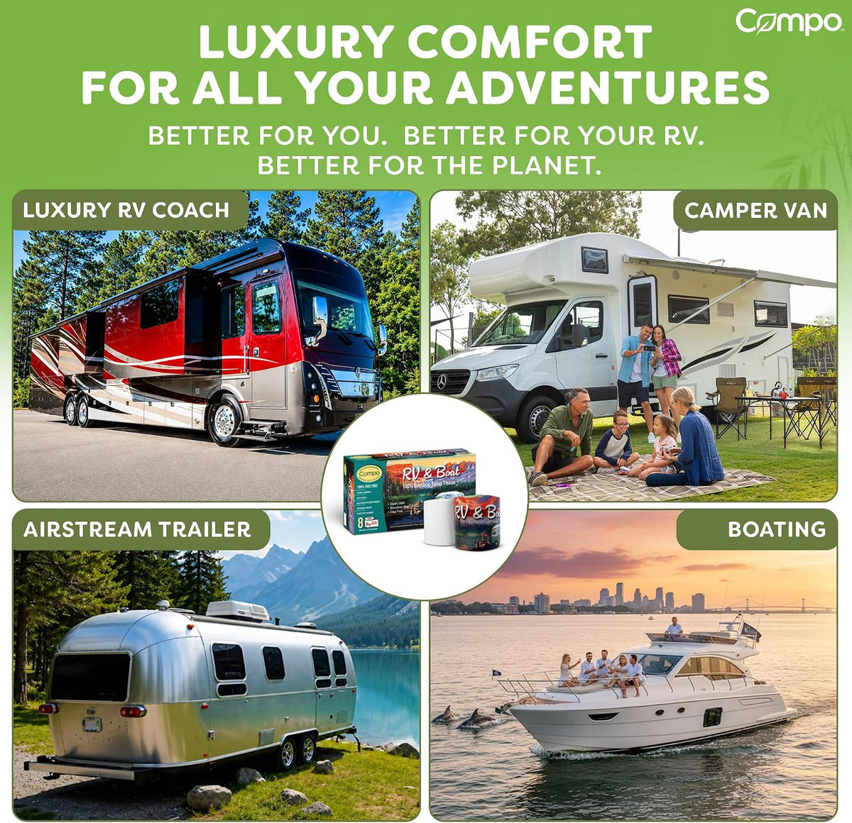100% Bamboo, Rapid Disolving RV & Boat Toilet Paper, 8 Compact Roll