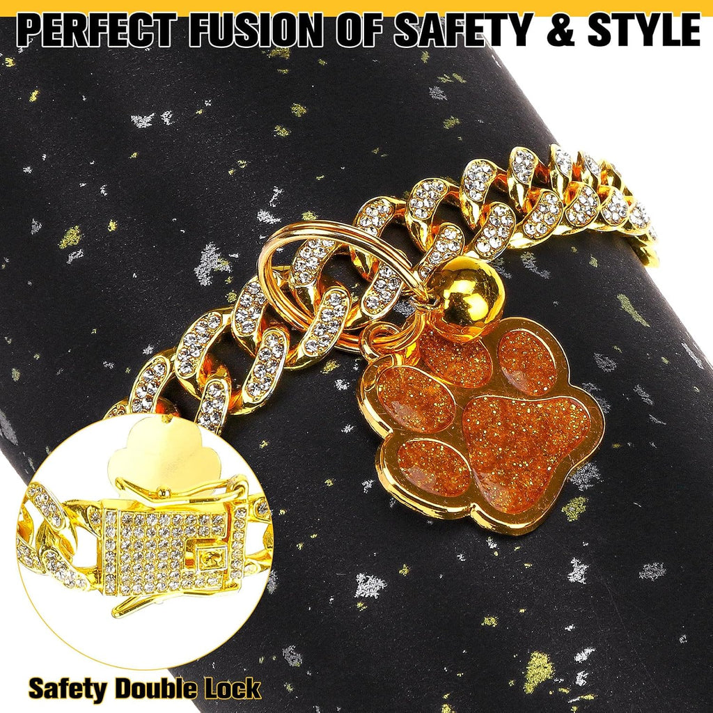 Cat Collar Chain,Diamond Gold Glitter Collar Walking Metal with Secure Buckle Link Cuban Pet Rhinestones Necklace