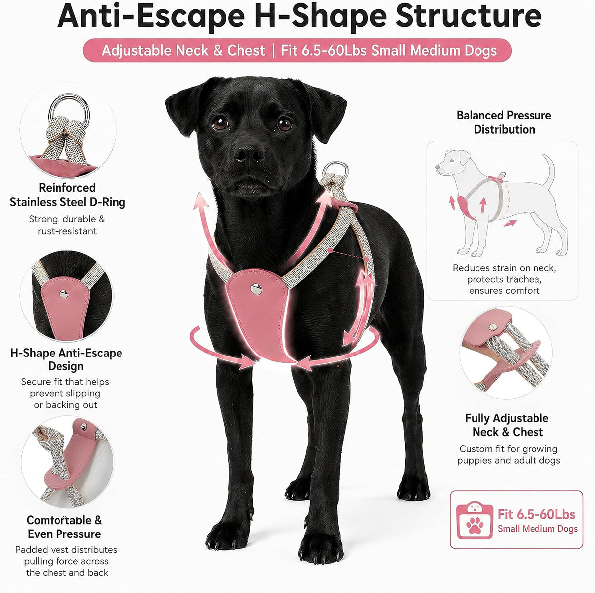No Pull Dog Harness Step in Easy Walk Rhinestone Crystal Bling Vest Adjustable Soft Padded for Small Medium Dogs