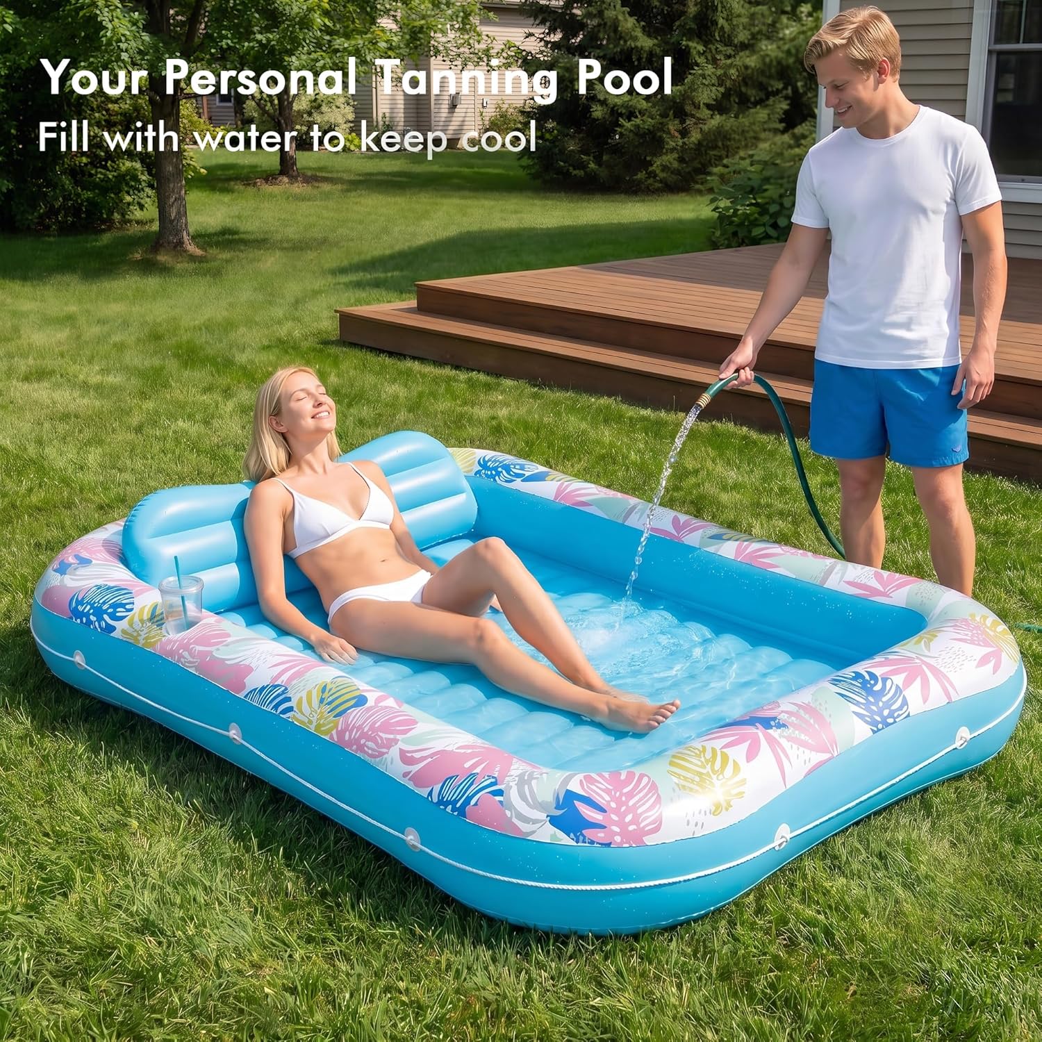Tanning Pool Lounger Float, OKSUWATER 87" x 63" Pool Floats Adult with Headrest & Drink Holder, Blow-Up Bed Sun Tan