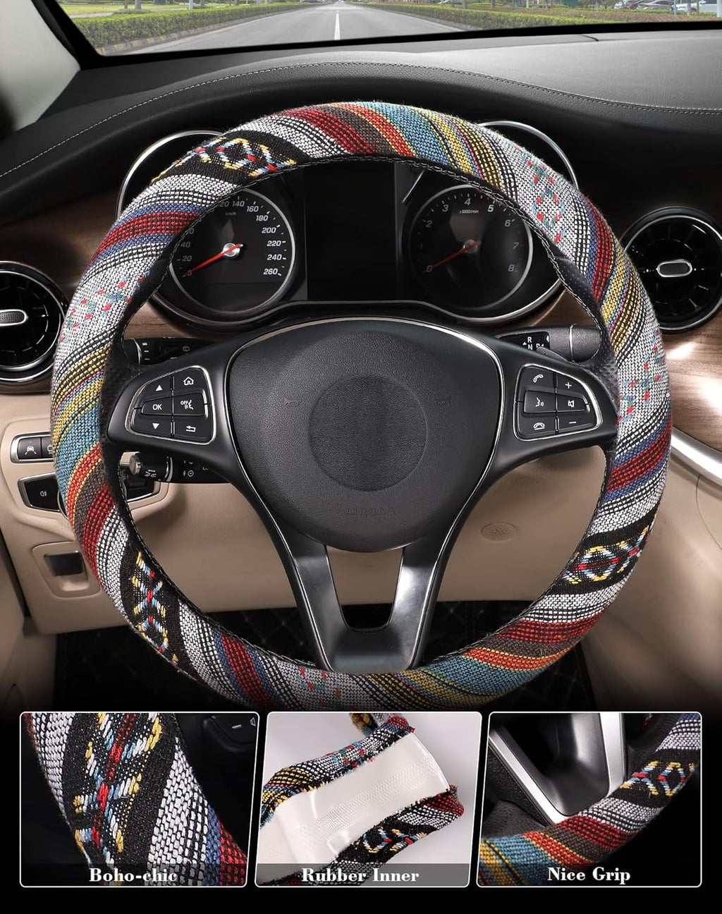 Boho Steering Wheel Cover with Baja Blanket Cloth, Ethnic Style Auto Wheel Cover Made of Coarse Flax, Fits 14 1/2-15