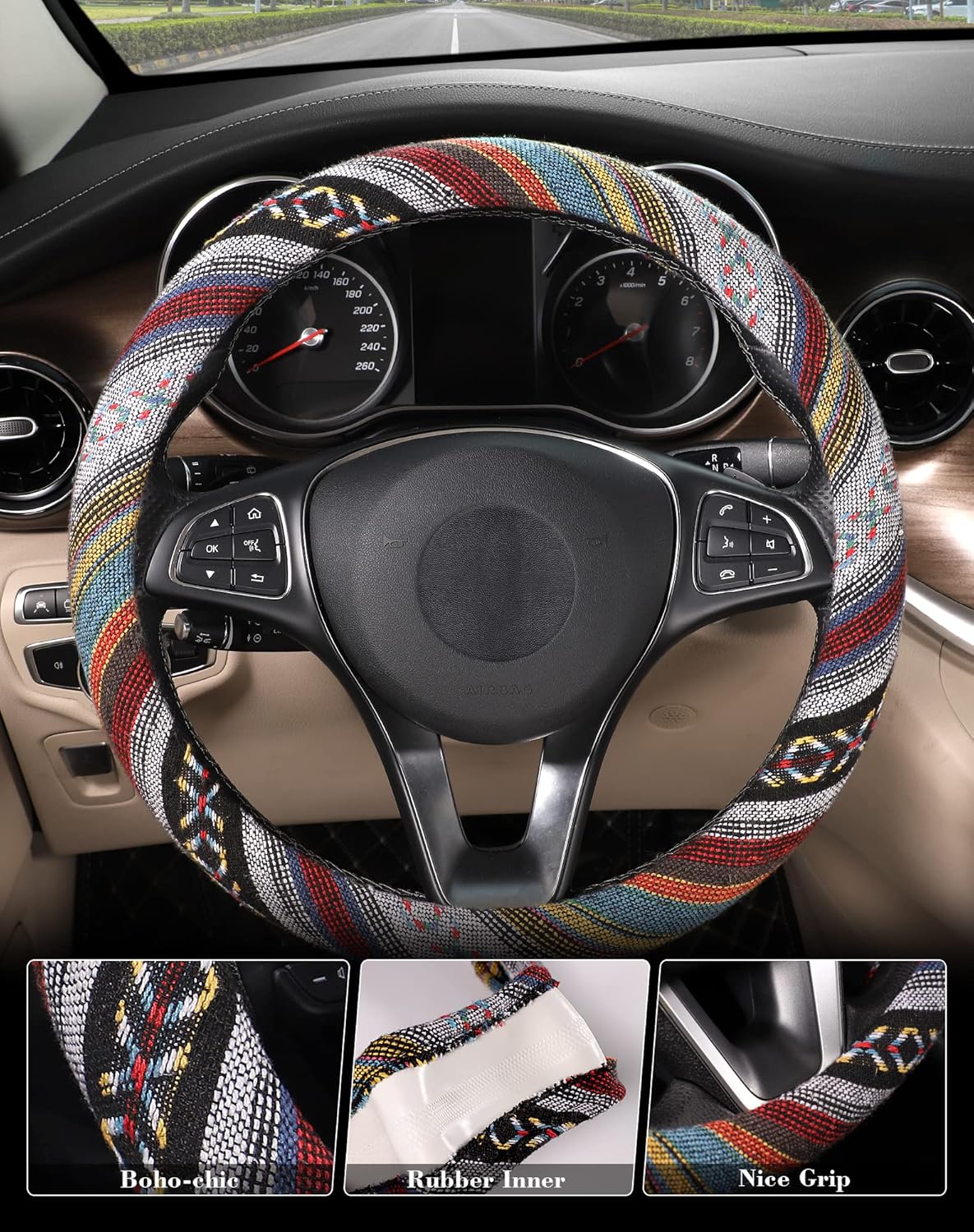 Boho Steering Wheel Cover with Baja Blanket Cloth, Ethnic Style Auto Wheel Cover Made of Coarse Flax, Fits 14 1/2-15