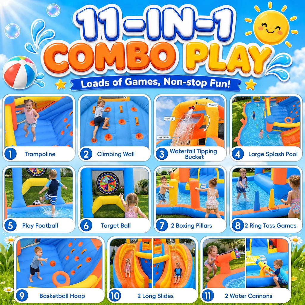 Large Inflatable Water Park,16x13x8 FT Water Bounce House with Dual Slides | Blow Up Water Slide with Bounce Area