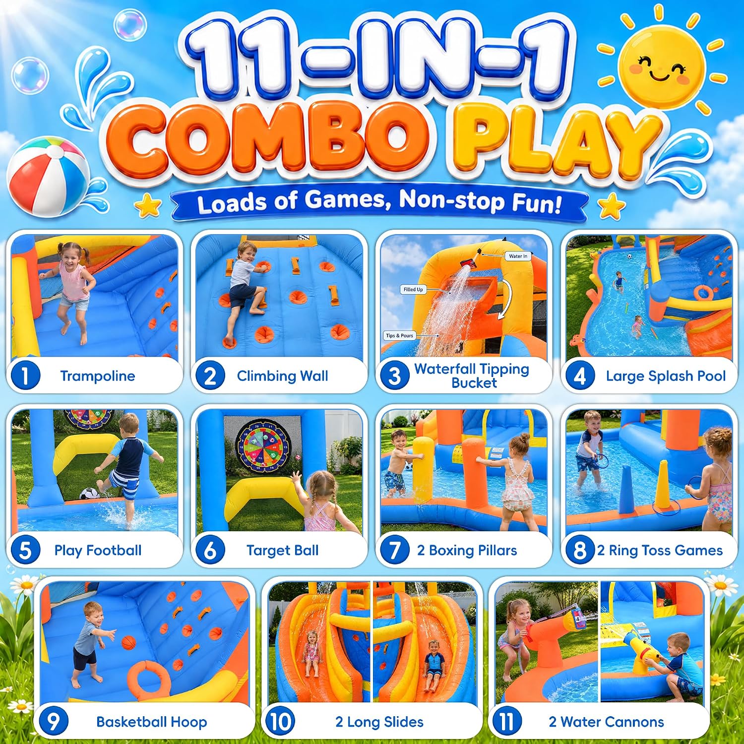 Large Inflatable Water Park,16x13x8 FT Water Bounce House with Dual Slides | Blow Up Water Slide with Bounce Area