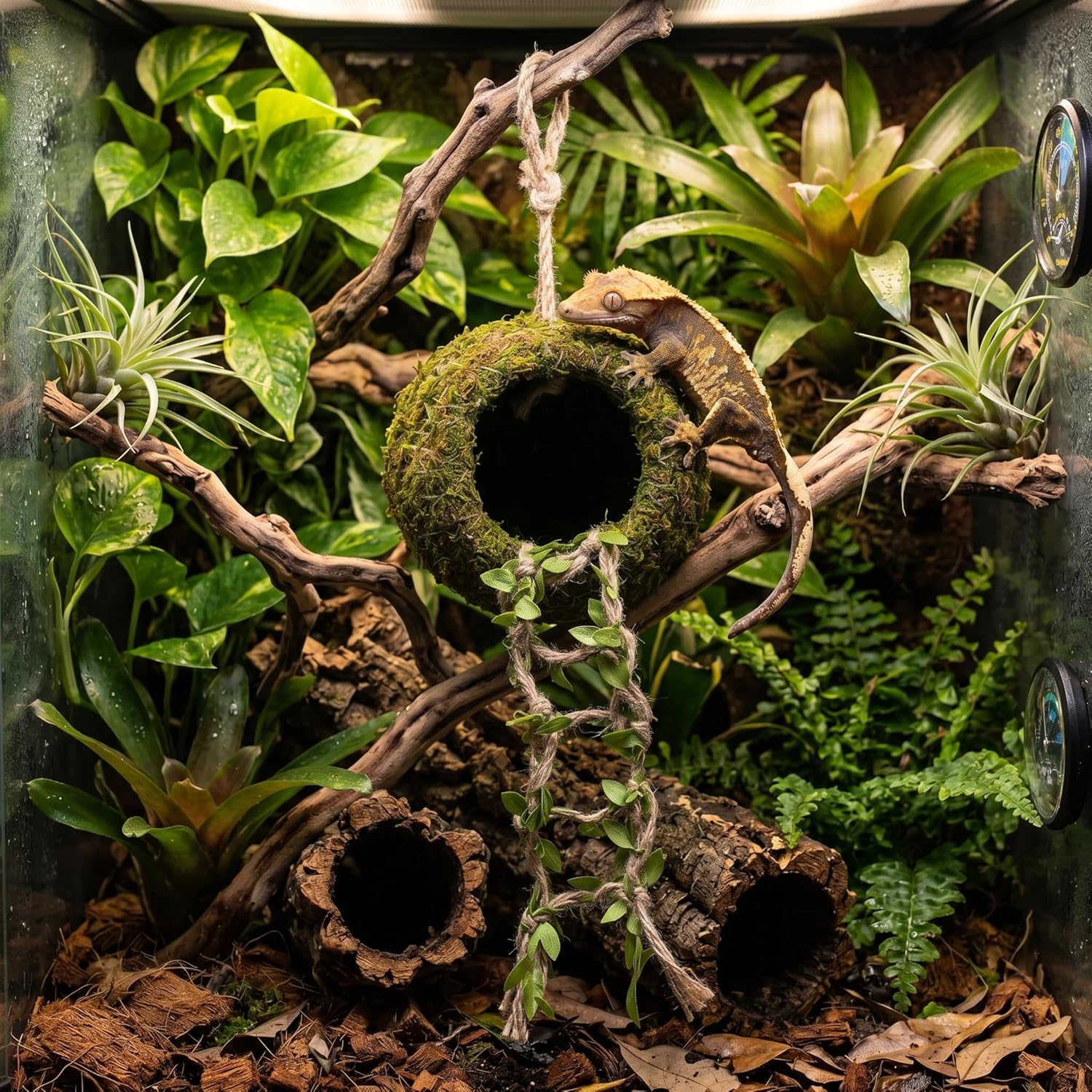 Reptile Hide with Hanging Climbing Ladder – Handmade Crested Gecko Tank Accessories, Hide for Crested Gecko, Hermit
