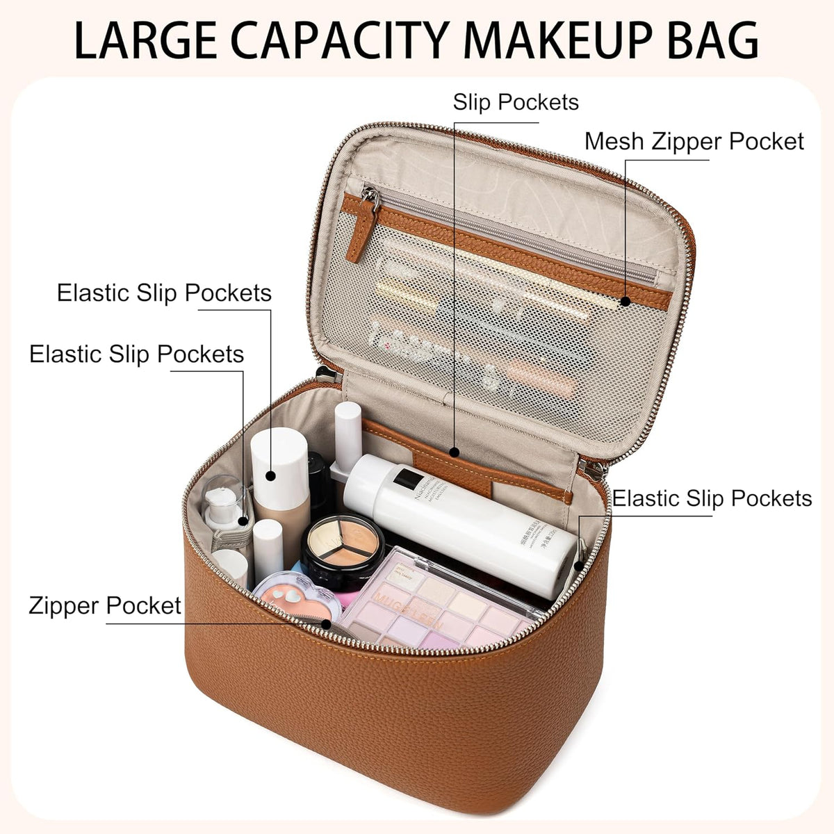 Genuine Leather Cosmetic Case, Top Handle Box Shape Makeup Bag