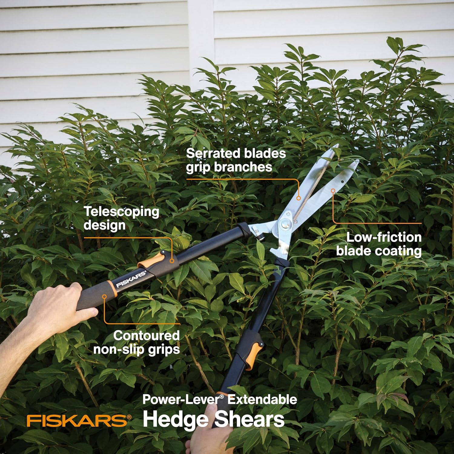 Power-Lever Extendable Hedge Shears, Self-Sharpening Serrated Steel Blades for Clean Cuts, Handles Adjust 25"-33" for