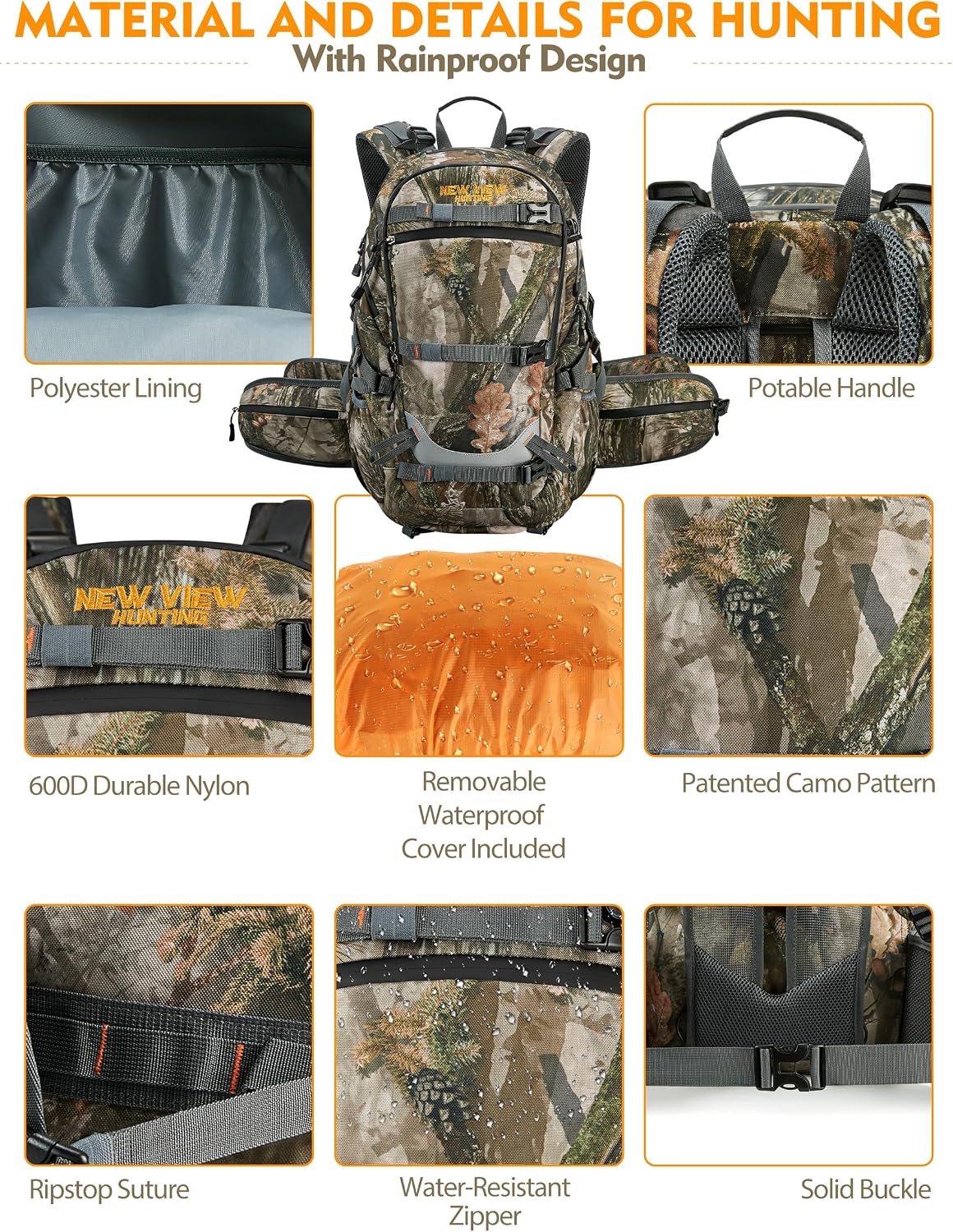 Hunting Backpacks for Men 35L, Camo Backpack for Hunting with Rifle Bow Gun Holder, Waterproof Hunting Pack with Rain