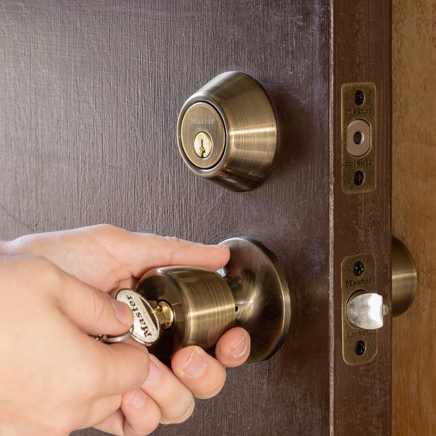 Keyed Entry Door Lock, Single Cylinder Deadbolt with Matching Tulip Style Knob, Antique Brass, TUCO0605,Combo
