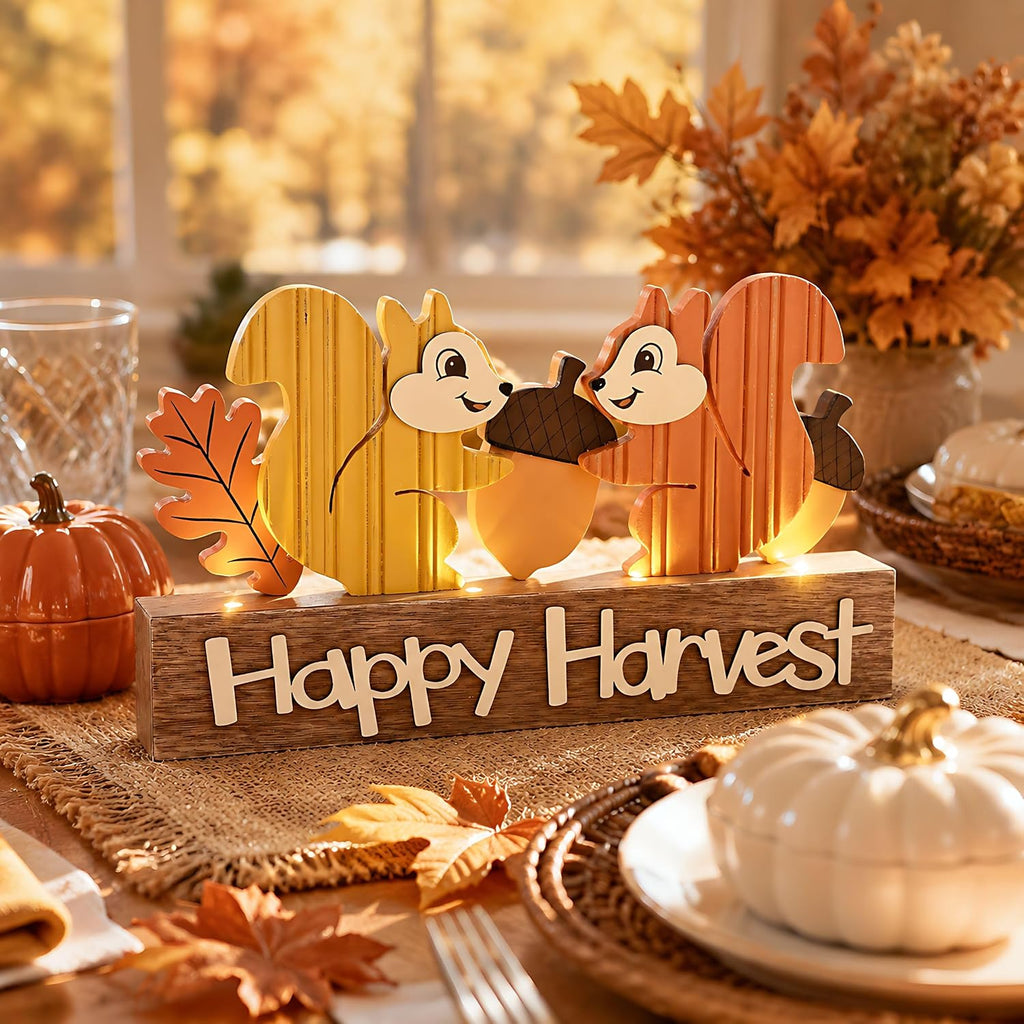 Fall Decorations for Home with LED Lights, Lighted Fall Decor Featuring Squirrel, Acorns and Oak Leaves, Autumn