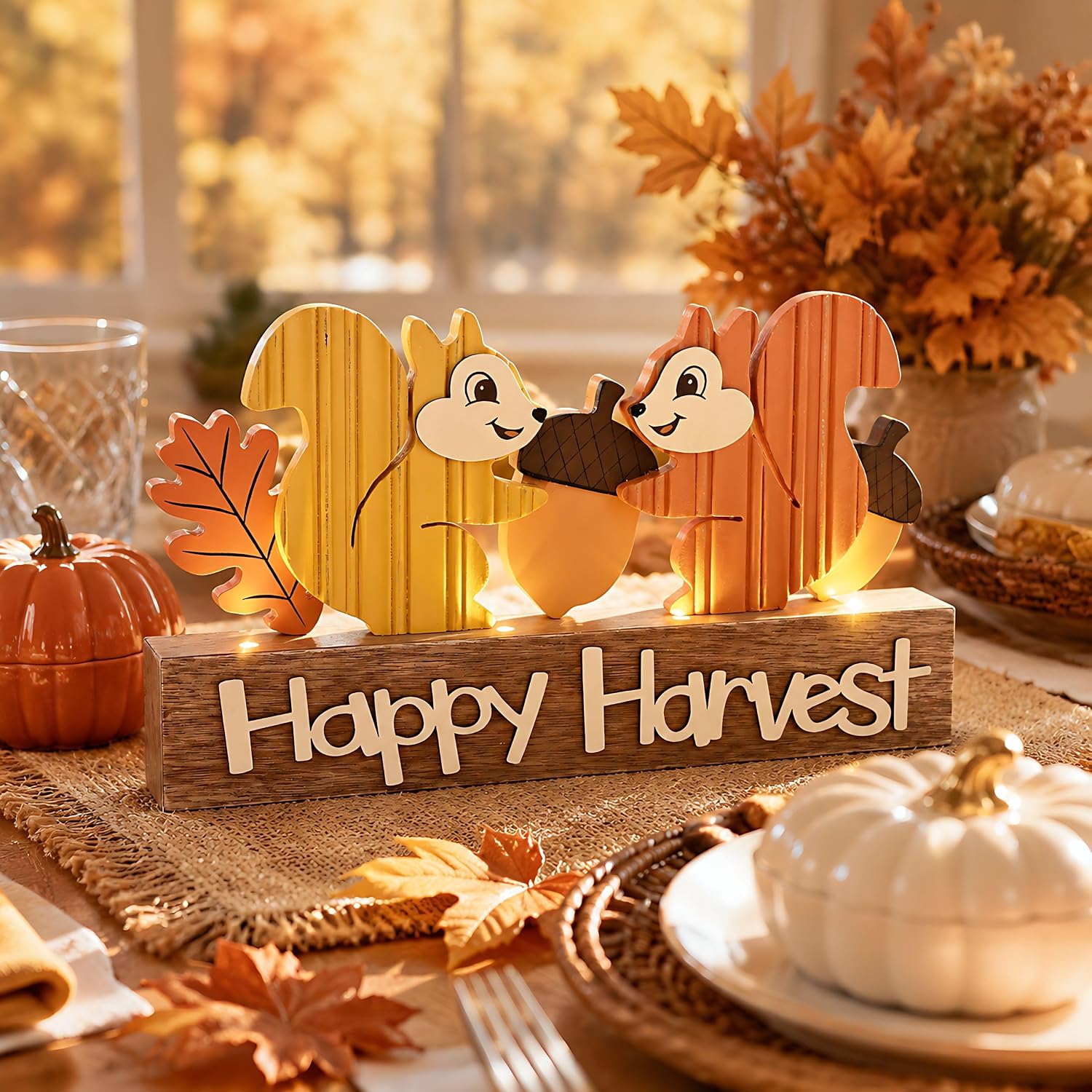 Fall Decorations for Home with LED Lights, Lighted Fall Decor Featuring Squirrel, Acorns and Oak Leaves, Autumn
