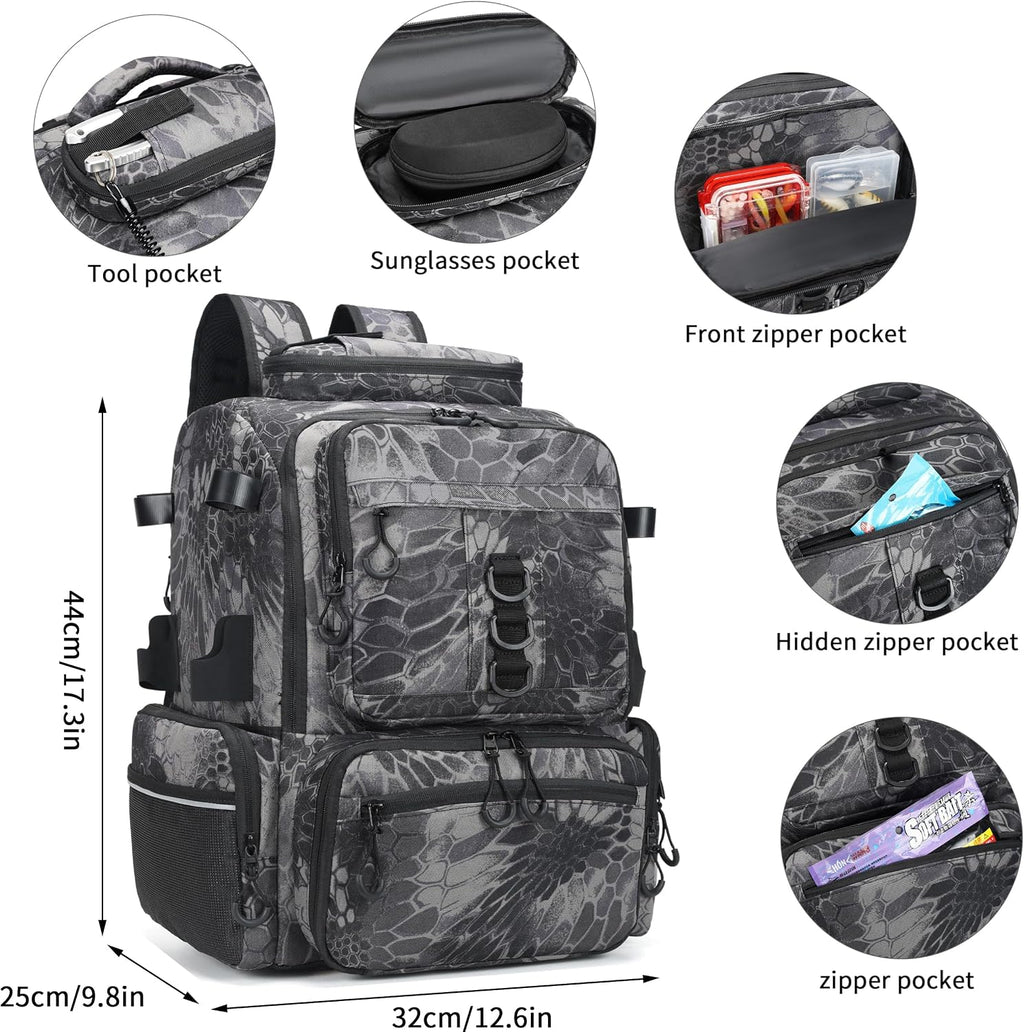 Fishing Tackle Backpack, 45L Storage Waterproof Travel Bag Store Fishing Gear with Insulated Top Pocket