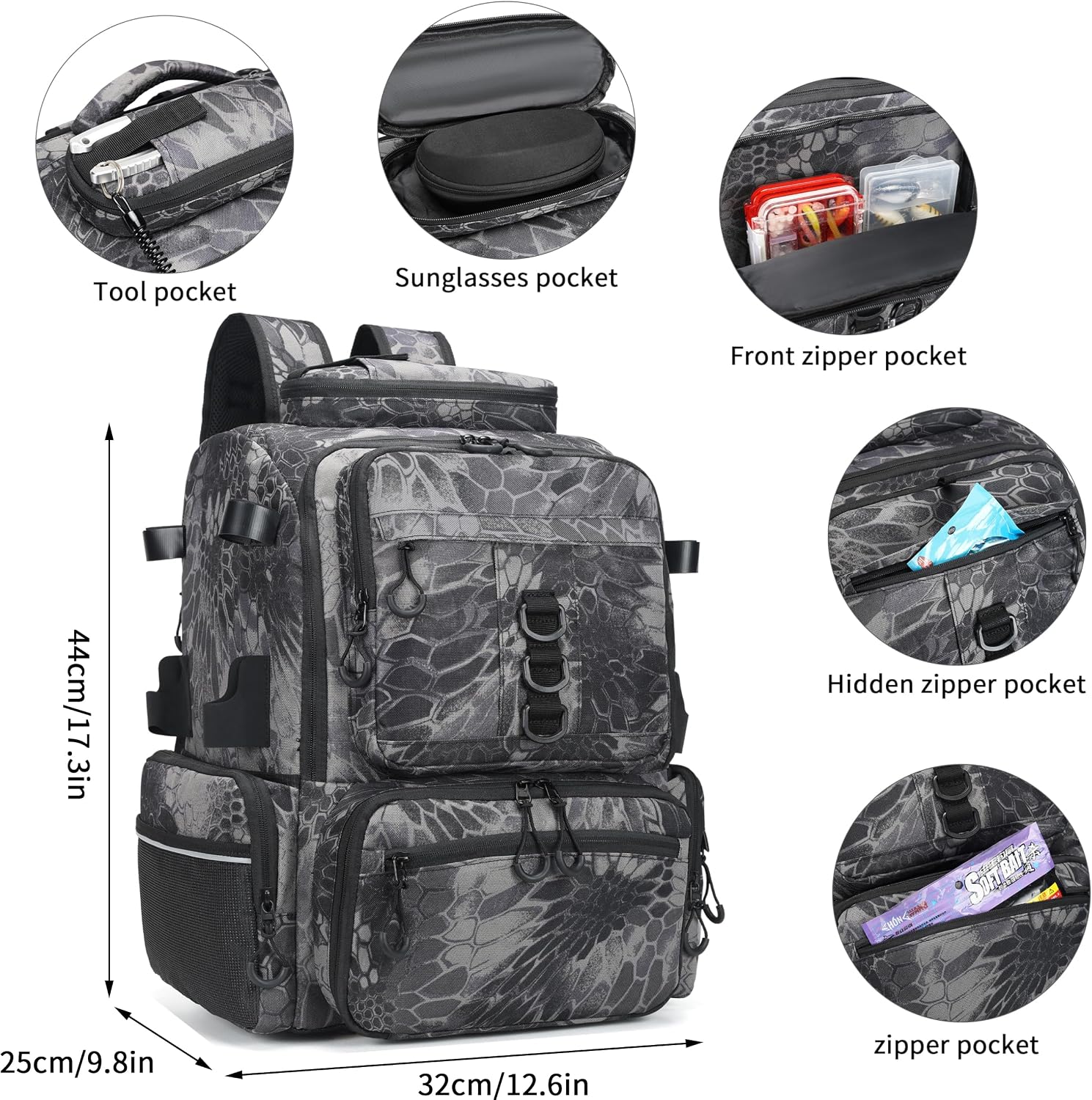 Fishing Tackle Backpack, 45L Storage Waterproof Travel Bag Store Fishing Gear with Insulated Top Pocket