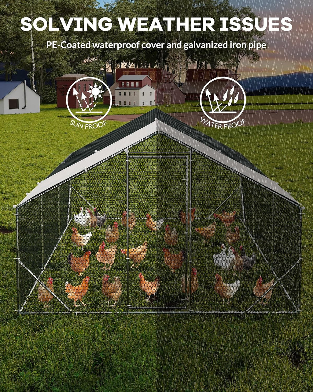 Large Metal Chicken Coop, Chicken Run for 20/30 Chickens, Outdoor Walk in Poultry Cage with Anti-UV Cover and