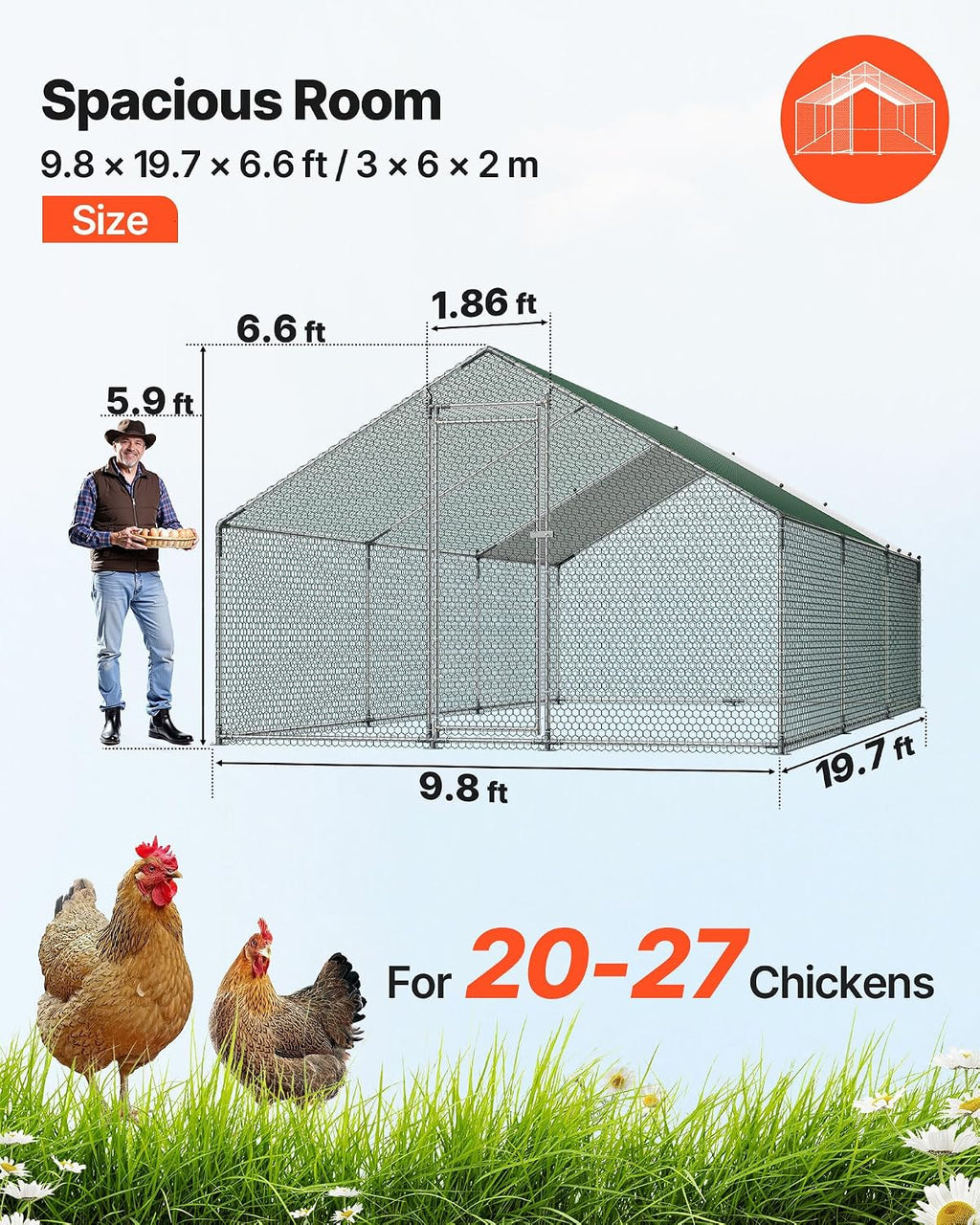 Large Metal Chicken Coop, 19.7x9.8x6.5ft Walk-in Chicken Runs for Yard with Cover, Spire Roof Hen House with Security