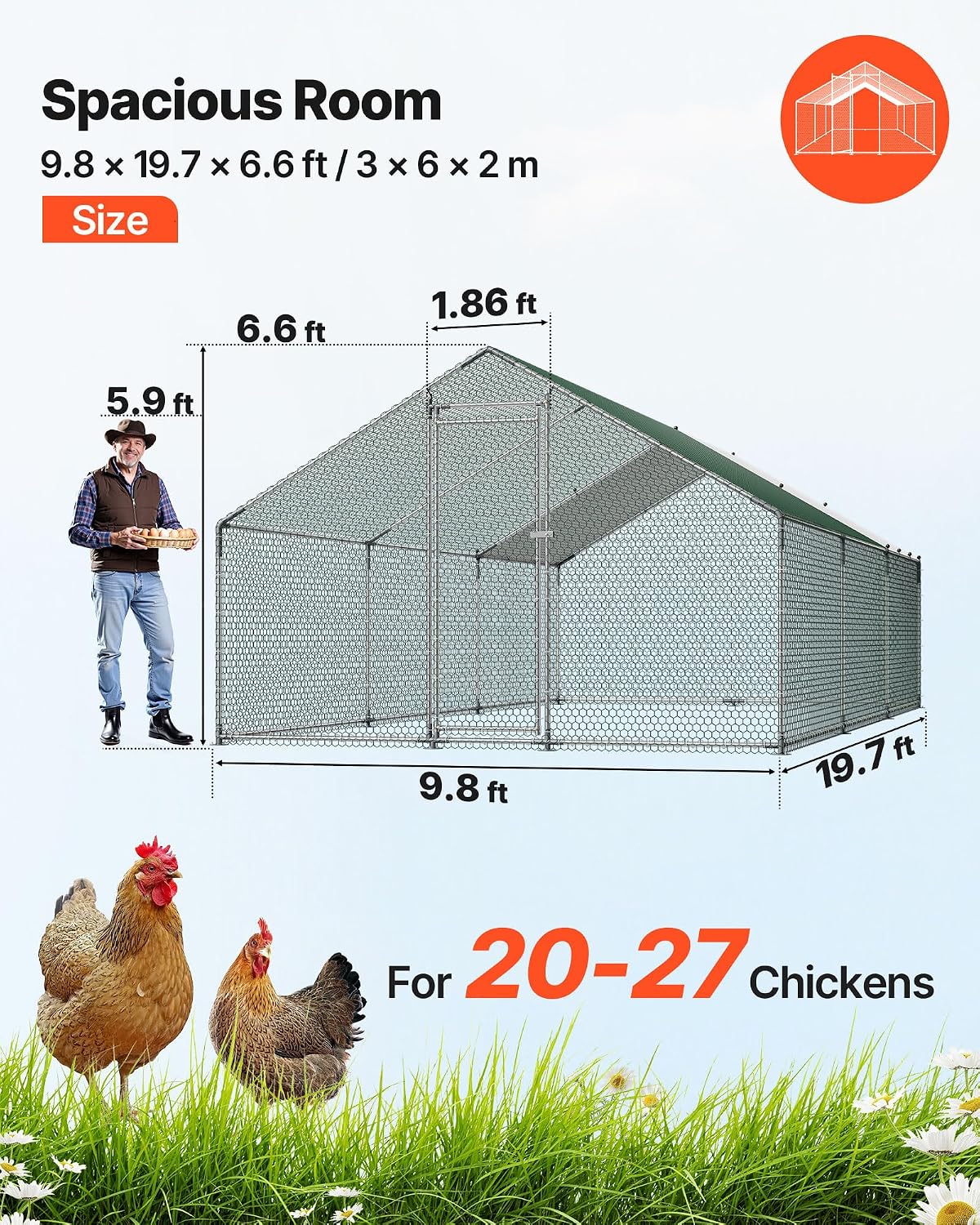 Large Metal Chicken Coop, 19.7x9.8x6.5ft Walk-in Chicken Runs for Yard with Cover, Spire Roof Hen House with Security
