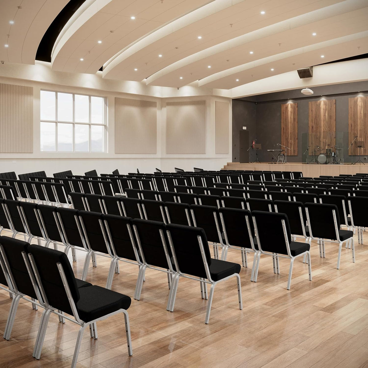 4 Pack HERCULES Series 18.5''W Stacking Church Chair in Black Fabric - Silver Vein Frame