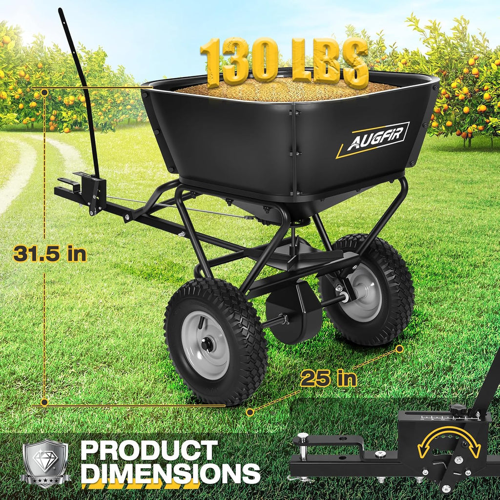 Tow Behind Broadcast Spreader, 130 LBS Capacity Lawn Fertilizer Spreader for Riding Mower, ATV, UTV & Tractor, 12 FT