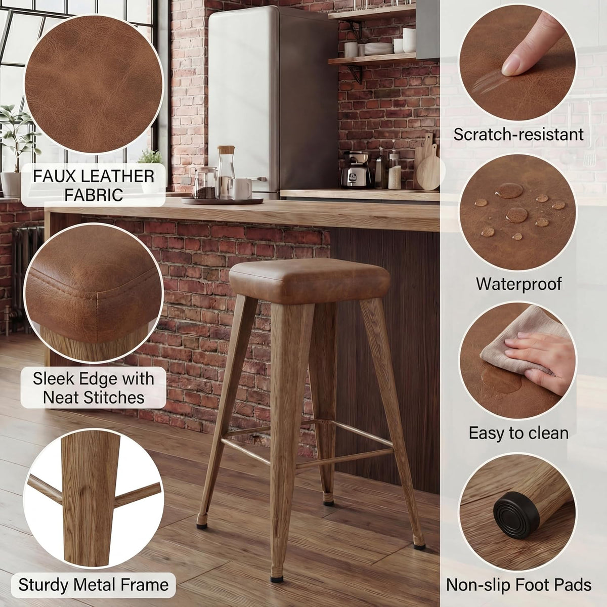 Backless Bar Stools Set of 4, 30" Walnut Brown Metal Barstools