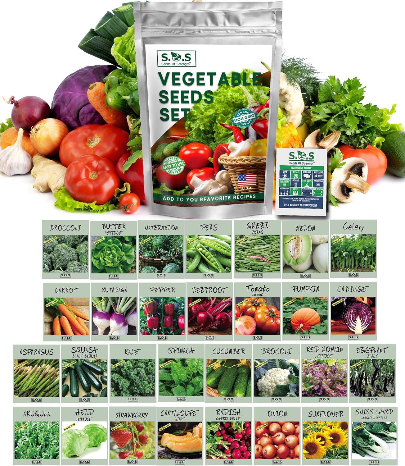 14,500+ Vegetable & Fruit Seeds - 33 Heirloom Varieties for a Bountiful Garden - Grow Tomatoes, Lettuce, Beans, More