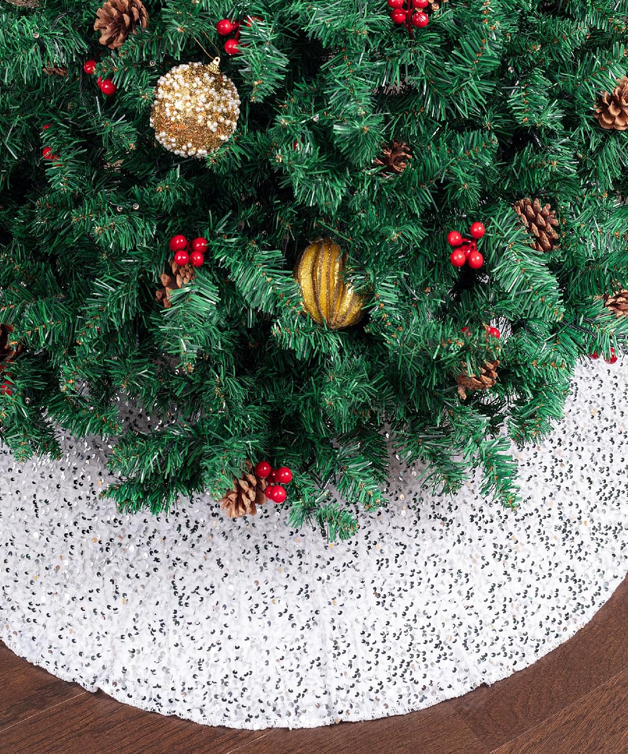 Silver Sequin Christmas Tree Skirt and Tree Collar | 24 Inch Base Cover, 24.8 Inch Foldable Sparkling Sequin Trees