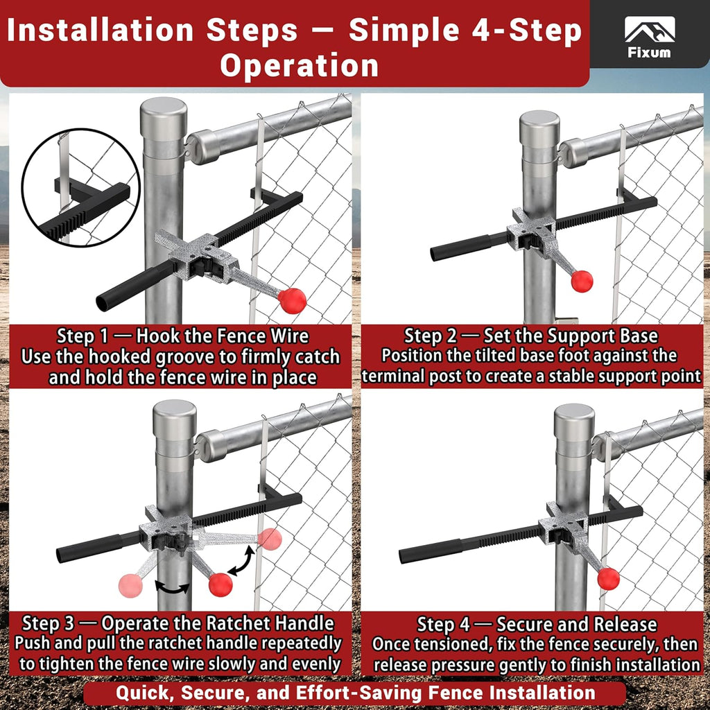 Chain Link Fence Stretcher Tool, Ratcheting Wire Fence Tightener & Puller for Woven Wire Fence, 3″–12″ Tension Range