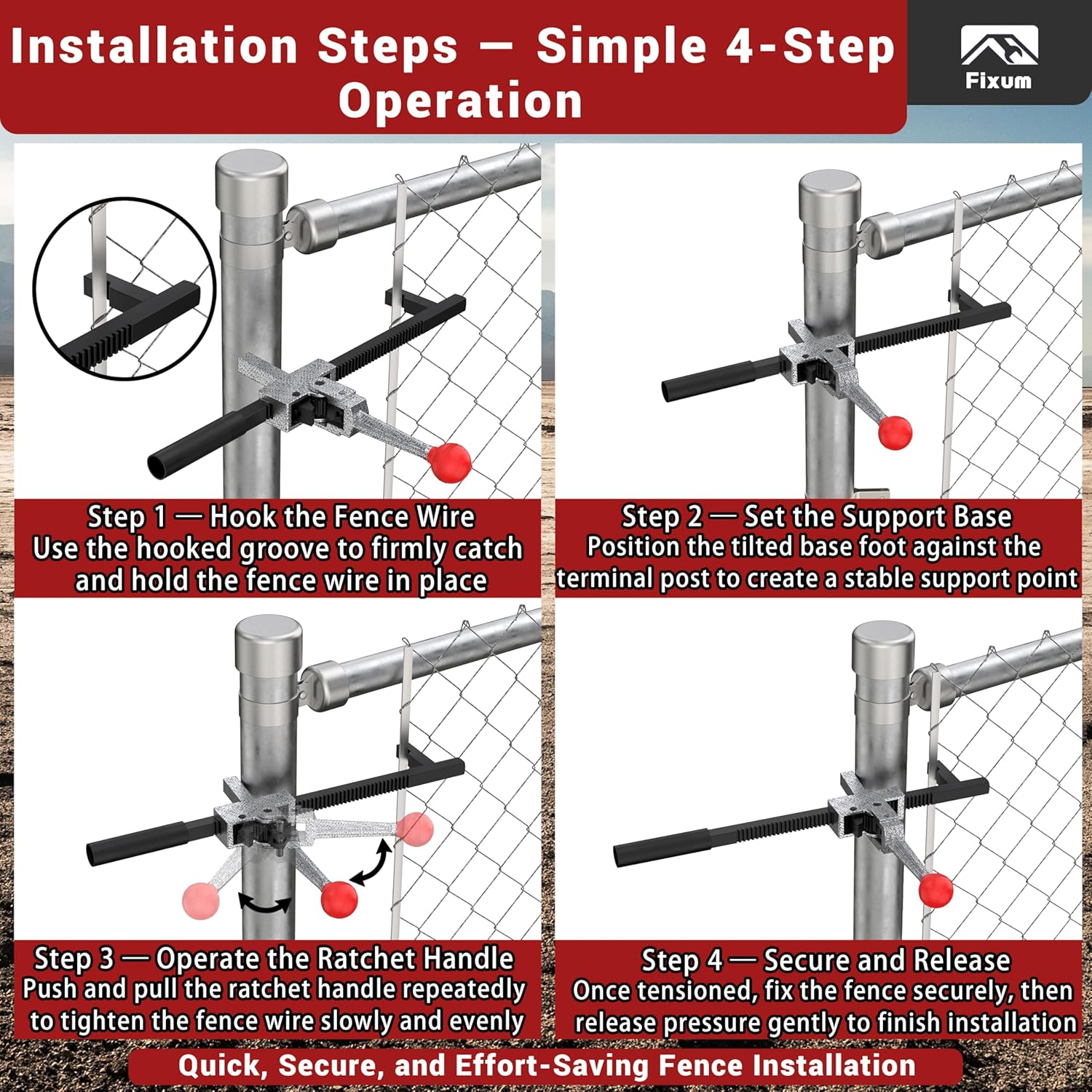 Chain Link Fence Stretcher Tool, Ratcheting Wire Fence Tightener & Puller for Woven Wire Fence, 3″–12″ Tension Range