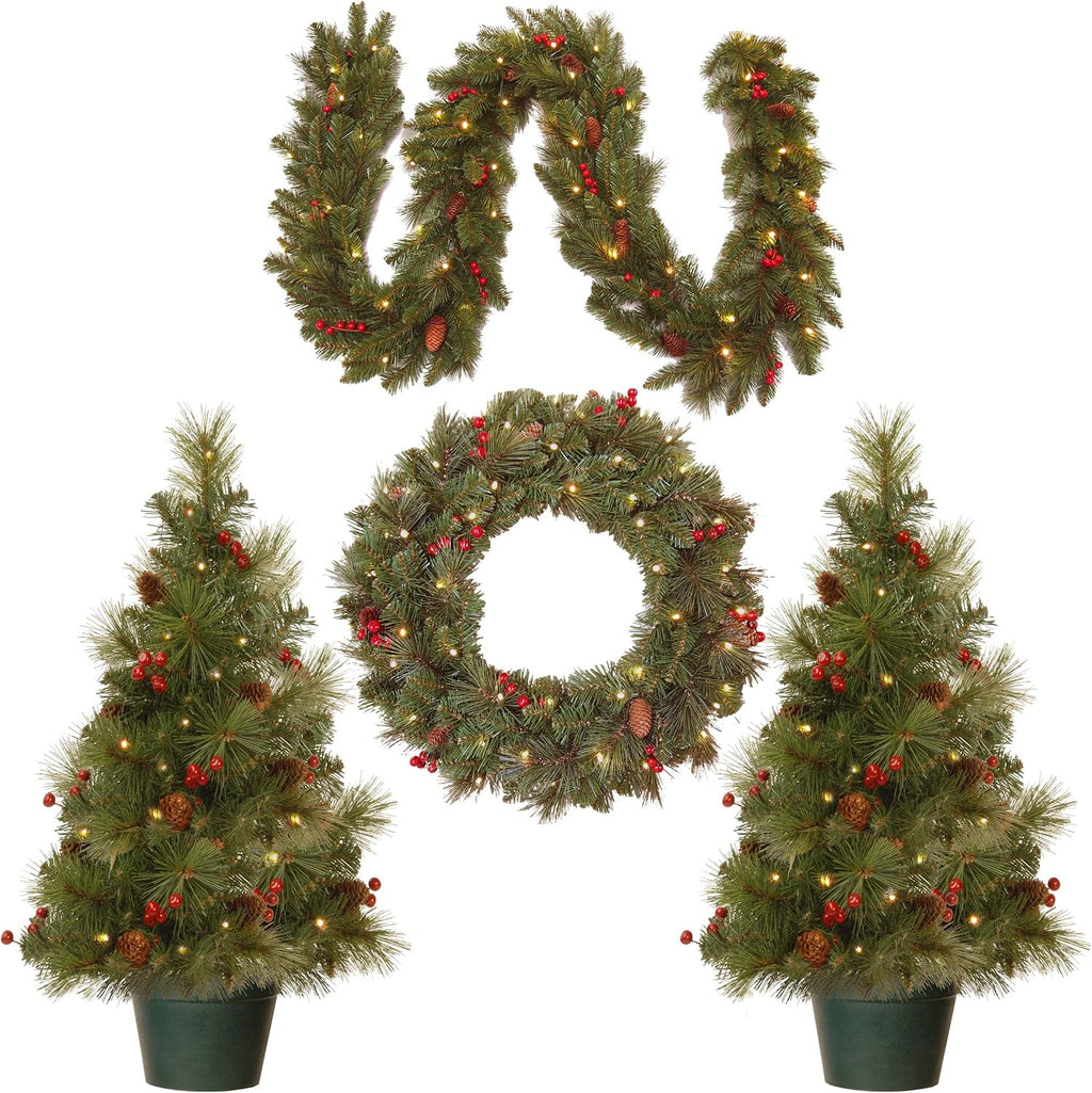 Pre-Lit Everyday Collection Christmas Decoration Set | LED Lights, Includes 2 Mini Christmas Trees,1 Wreath, And 1