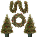 Pre-Lit Everyday Collection Christmas Decoration Set | LED Lights, Includes 2 Mini Christmas Trees,1 Wreath, And 1