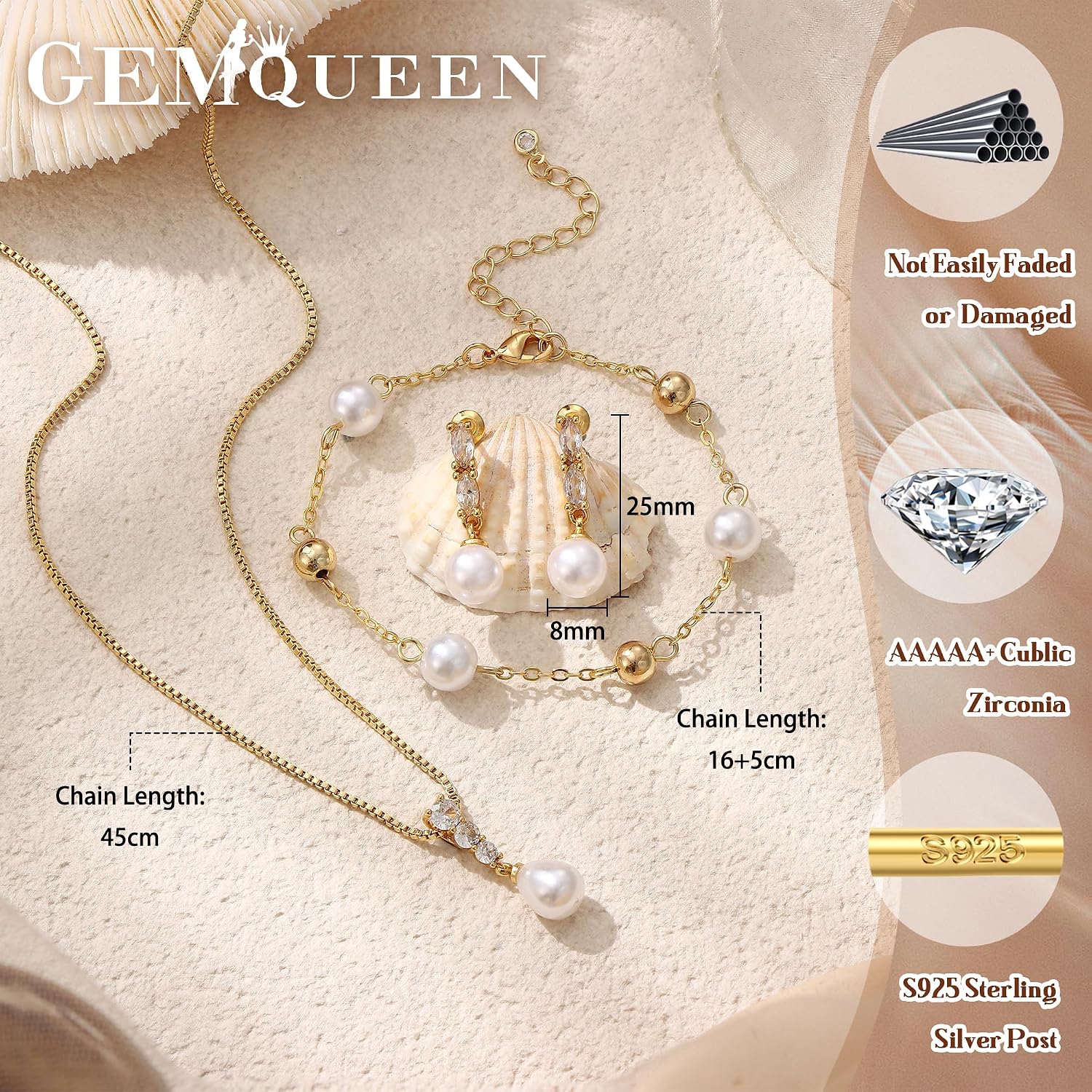14K Gold Plated Pearl Jewelry Set for Women - 925 Sterling Silver Post Dangle Earrings Dainty Pearl Necklace Bracelet