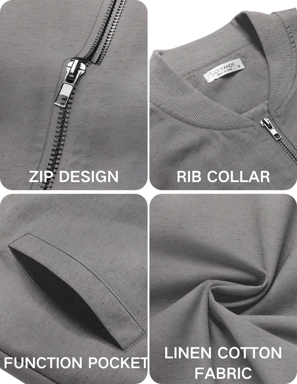 Mens Light Cotton Bomber Jacket Casual Flight, True Gray, Medium