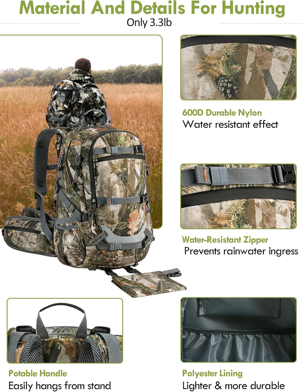 Camo Hunting Backpack for Men, 35L Durable Hunting Pack, 600D Daypack with Rain Cover, Interal Frame Support
