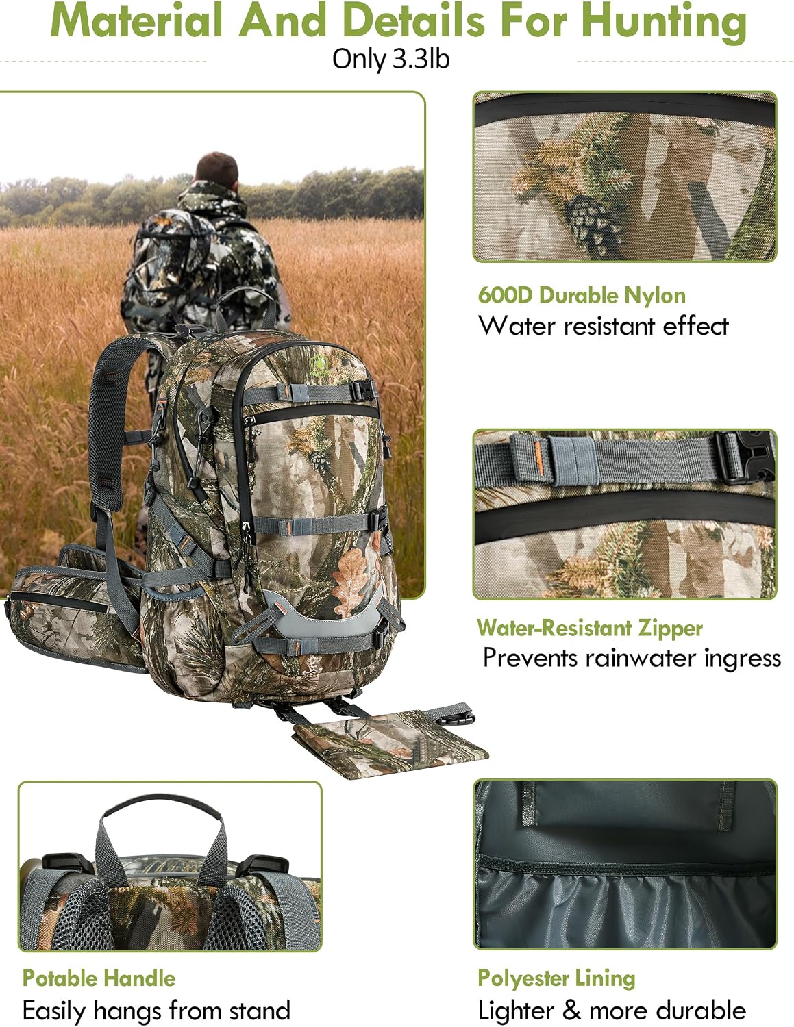 Camo Hunting Backpack for Men, 35L Durable Hunting Pack, 600D Daypack with Rain Cover, Interal Frame Support