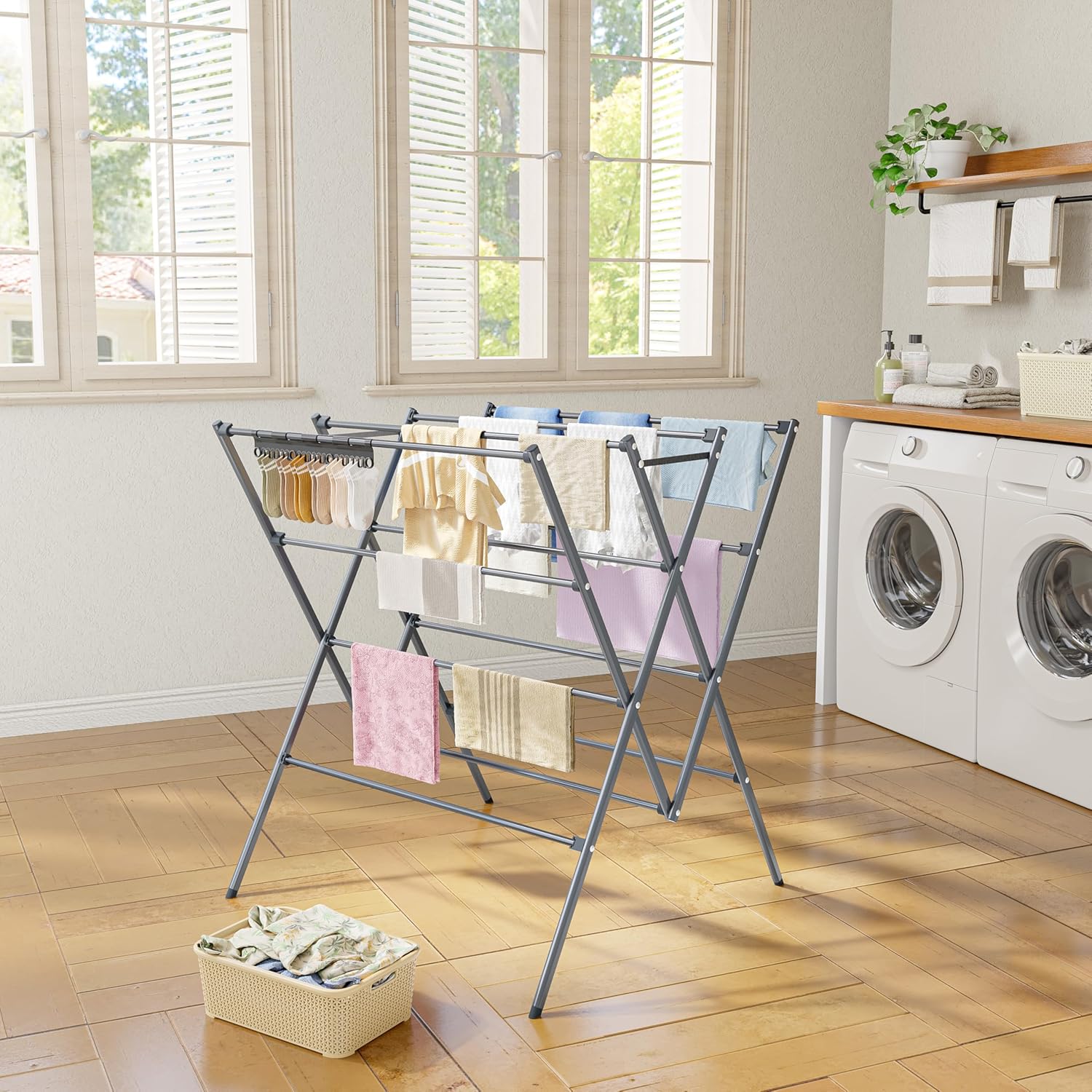 Drying Rack Clothing,12 Drying Poles with Sock Clips Clothes Drying Rack | Foldable Portable Laundry Drying Rack for
