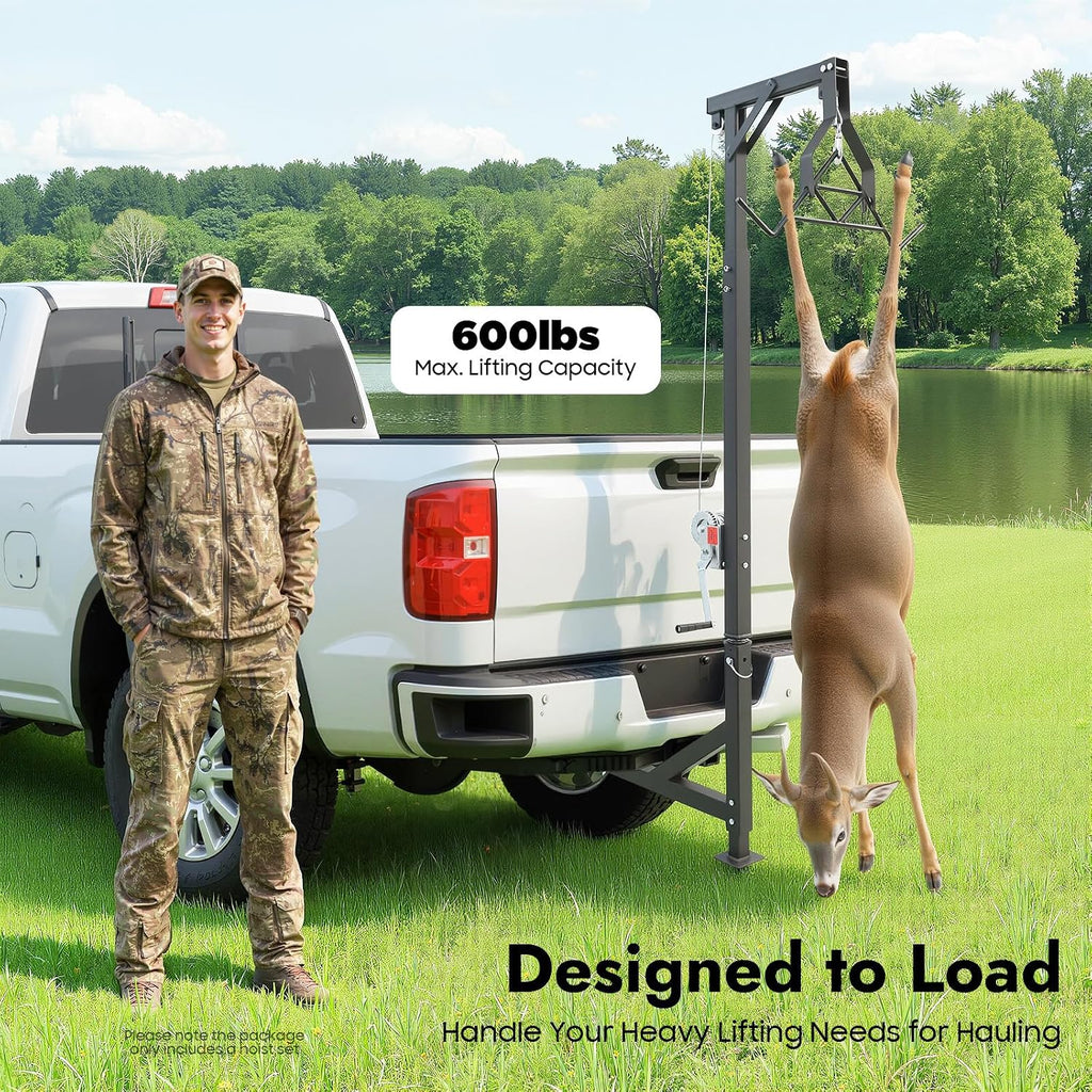 Truck Hitch Game Hoist & Gambrel, 600Lbs Hitch Mounted Deer Hoist with Extension Rod 360-Degree Swivel &Height