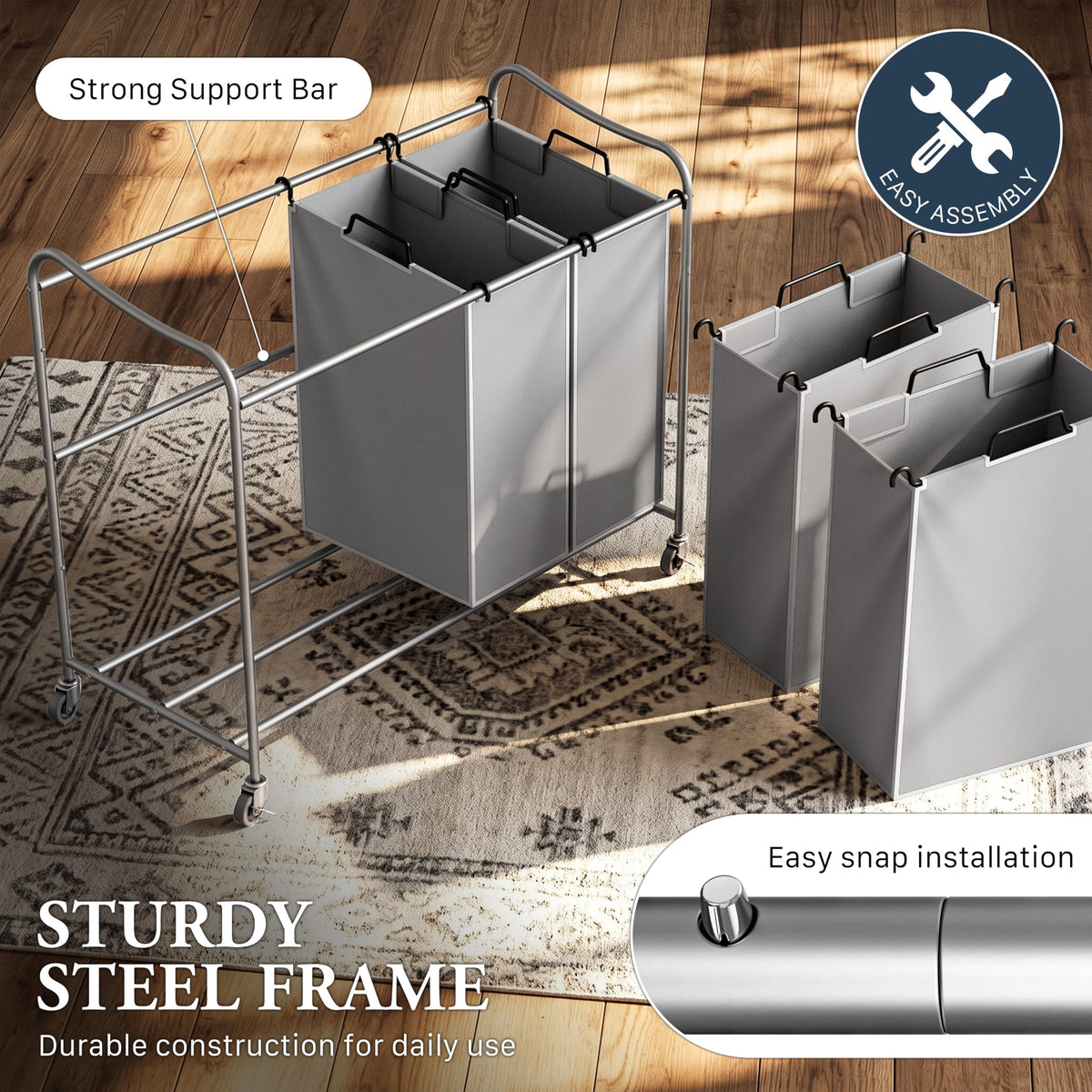 4-Bag Heavy Duty Laundry Sorter Rolling Cart, Silver