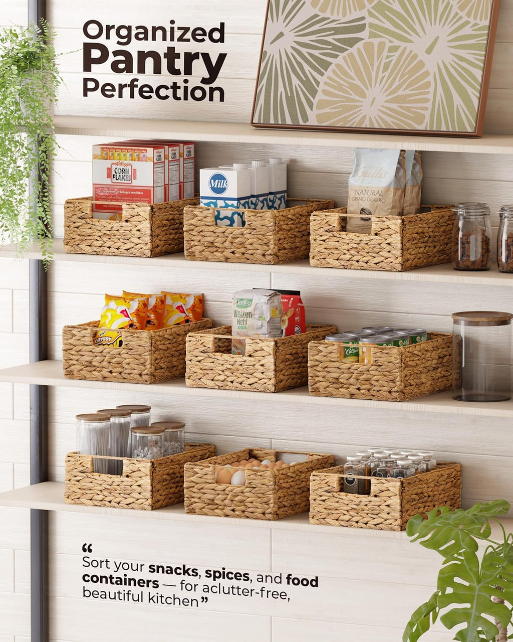 Water Hyacinth Storage Baskets (Set of 6) – Woven Hyacinth Organizer with Carrying Handles, Laundry Basket for