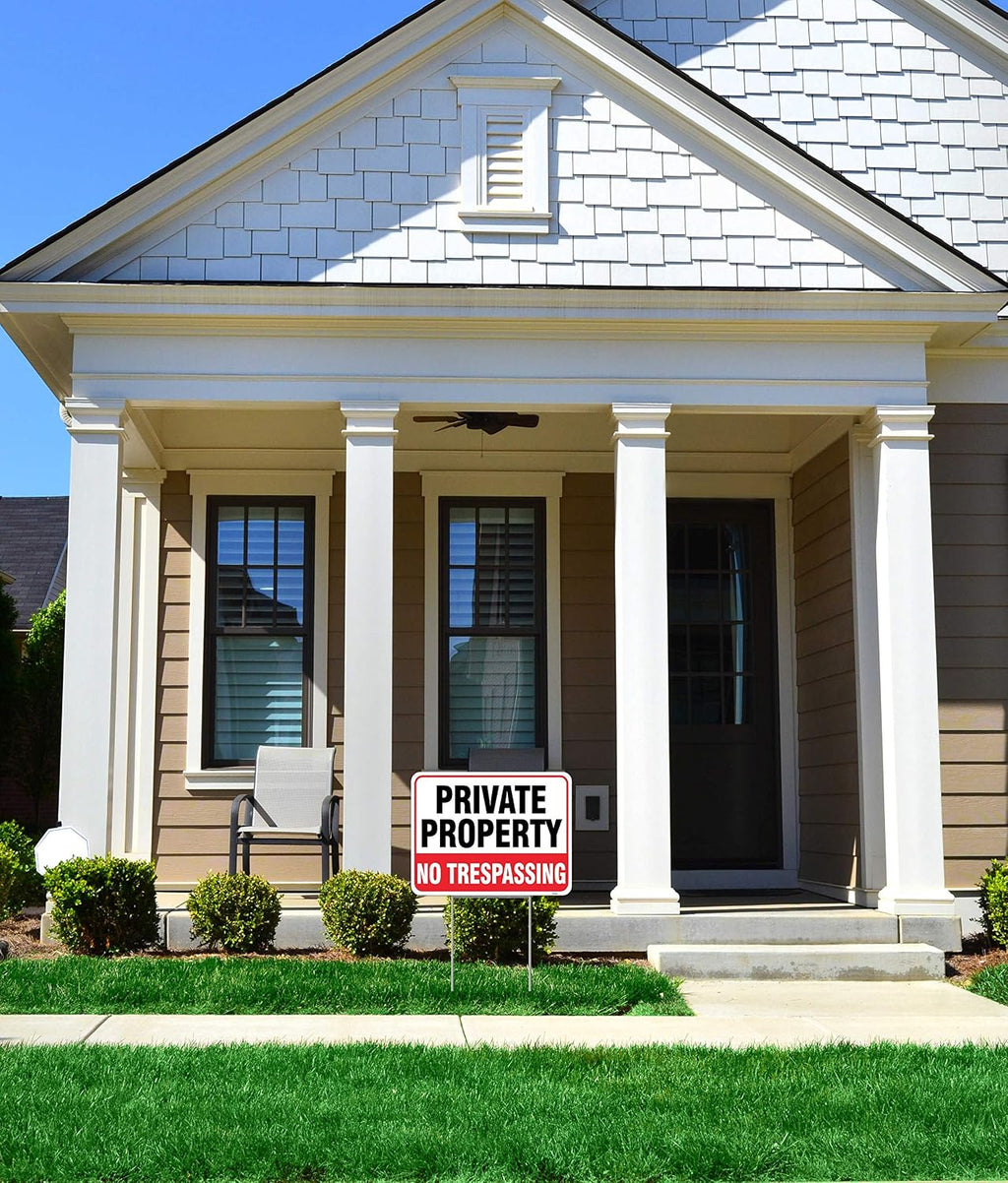 2PC Private Property No Trespassing Sign with Metal Stakes, 17"x13" - Corrugated Plastic - No Trespass Keep Out