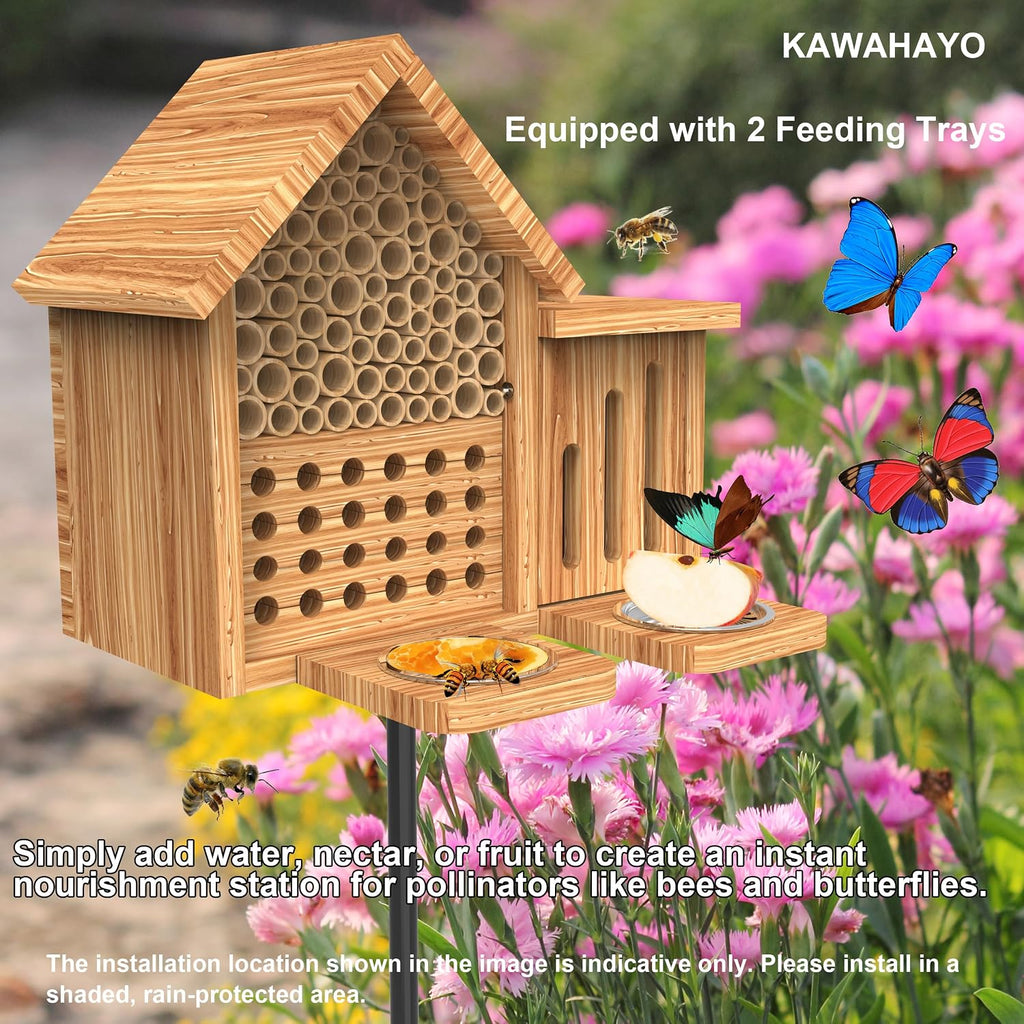 Mason Bee House Wooden Butterfly House with Feeders and Metal Stake, Insect Hotel for Garden Backyard, Natural