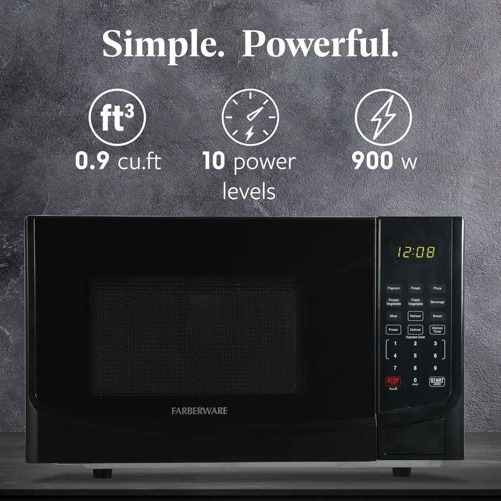 0.9 Cu. Ft. Black Microwave Oven, 900W with LED Display, 10 Power Levels, 8 Auto-Cook Presets, Express Cooking & Defrost