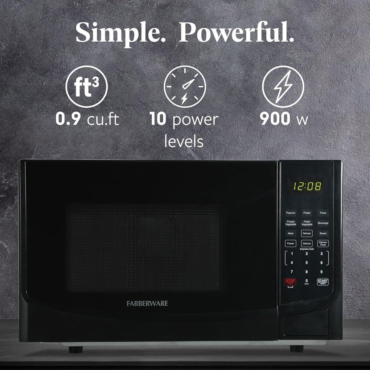 0.9 Cu. Ft. Black Microwave Oven, 900W with LED Display, 10 Power Levels, 8 Auto-Cook Presets, Express Cooking & Defrost