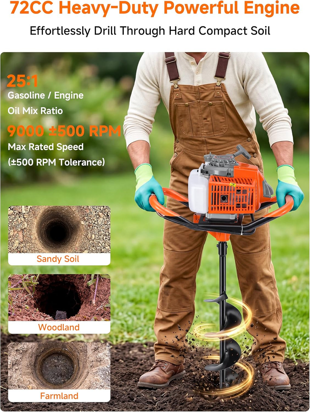 72CC 2 Stroke Earth Auger Post Hole Digger Gas Powered with 6"/8" Bit & Ext | 62" Max Digging Depth | 2 Auger Drill
