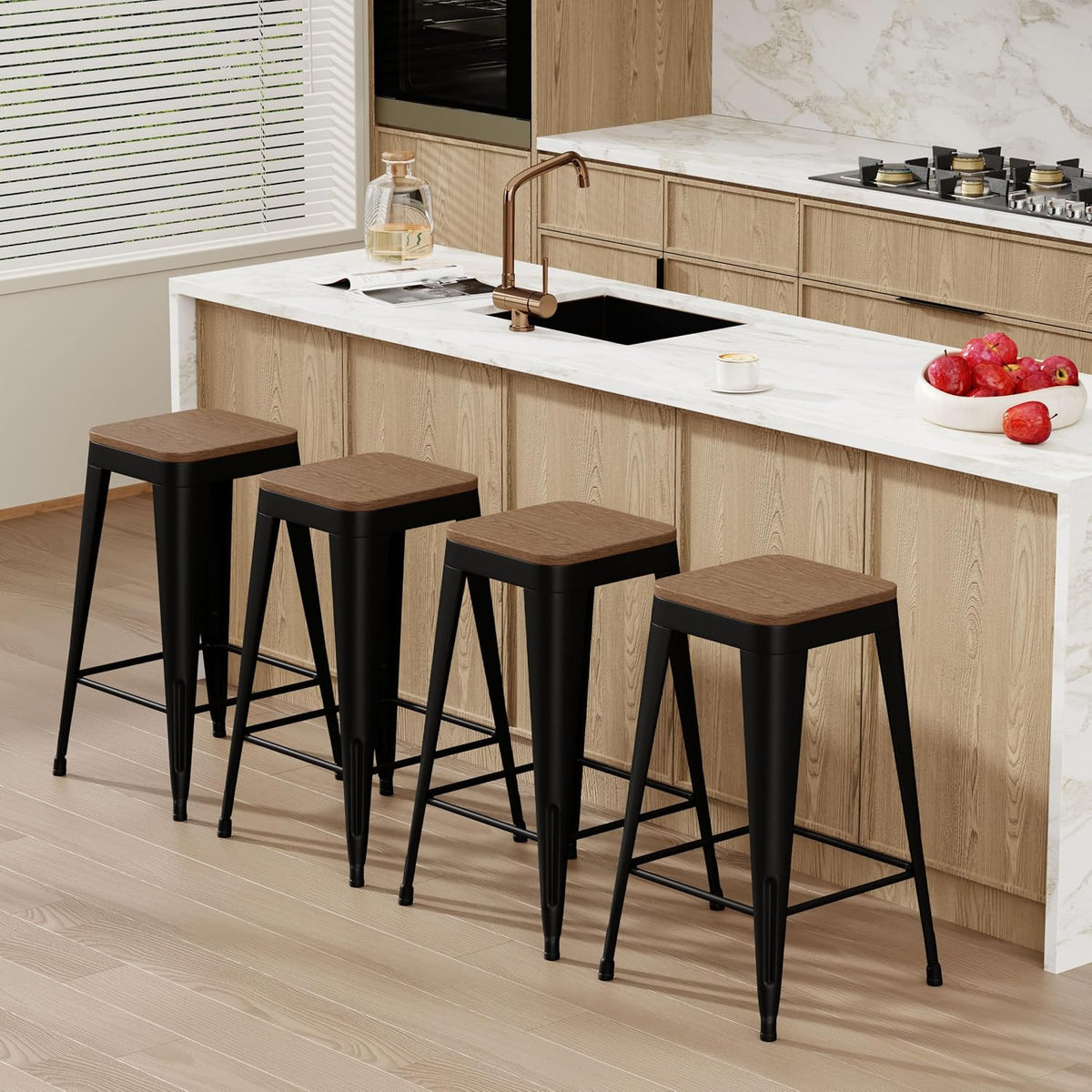 24" Metal Bar Stools Set of 4 Black Counter Height Stools with Wood Seat Stackable Backless Industrial Style Stools