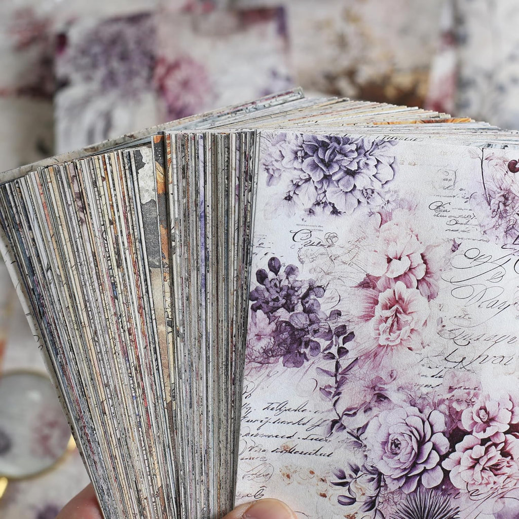 160 Sheets Vintage Flower Scrapbook Paper, Junk Journal Supplies, Purple Pink Flowers with Cursive Script No