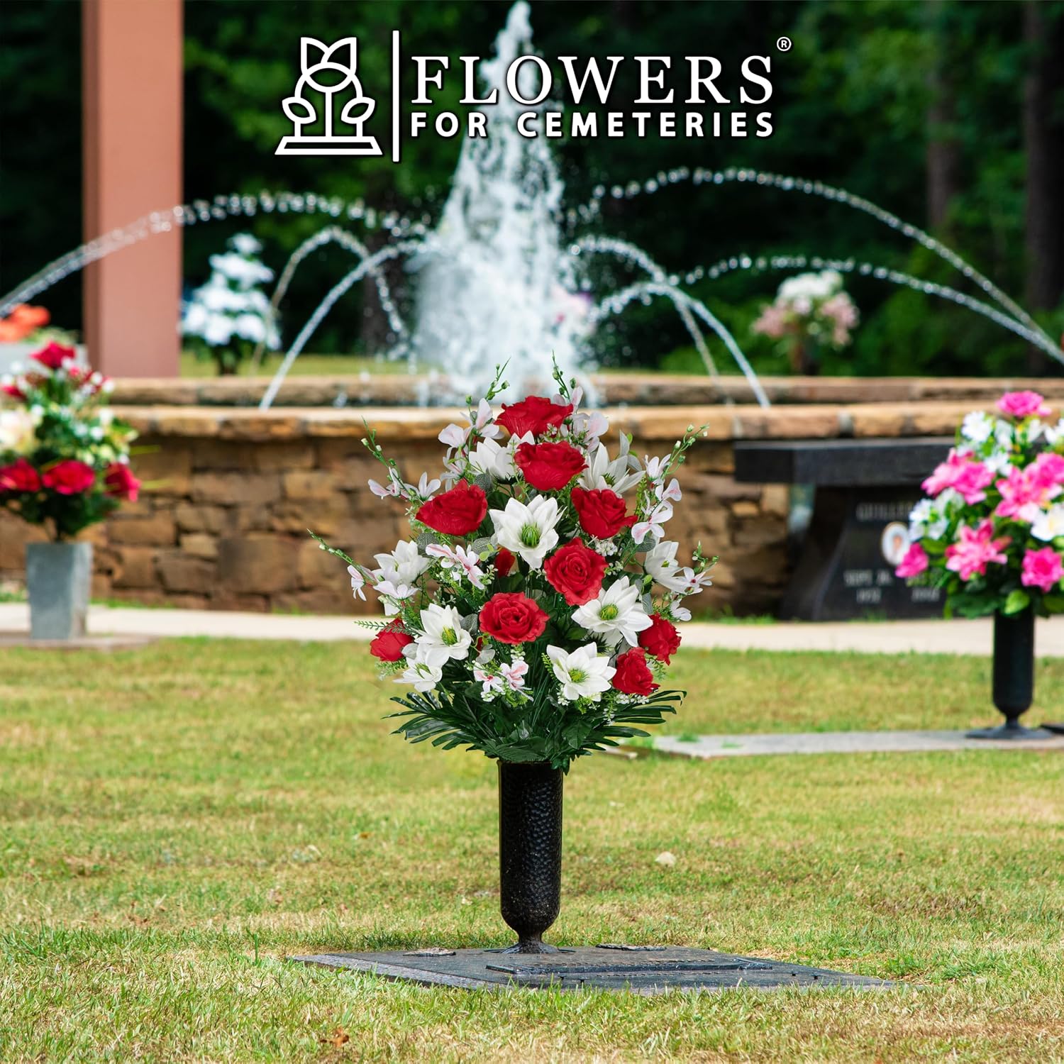 Artificial Cemetery Flowers - Gravesite Flowers - Red Roses and White Lotus - (1) Bouquet